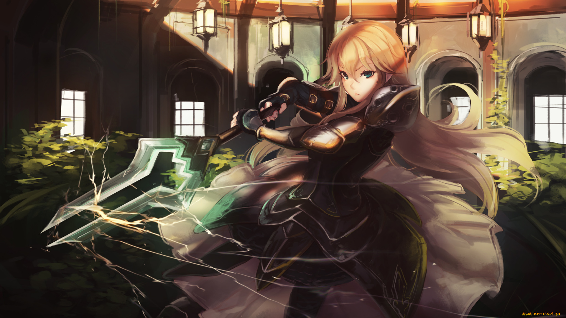 аниме, оружие, , техника, , технологии, фонарь, окна, растения, доспехи, платье, броня, светильник, помещение, разряд, молния, девушка, меч, doomfest