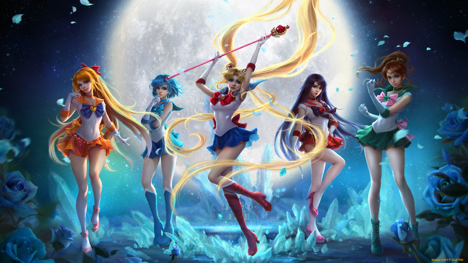 аниме, sailor, moon, sailor, venus, aino, minako, bishoujo, senshi, moon, mizuno, ami, mars, hino, rei, mercury, цветы, луна, девушки, jupiter, kino, makoto, небо, sunmomo, арт, tsukino, usagi, звезды, ночь, розы