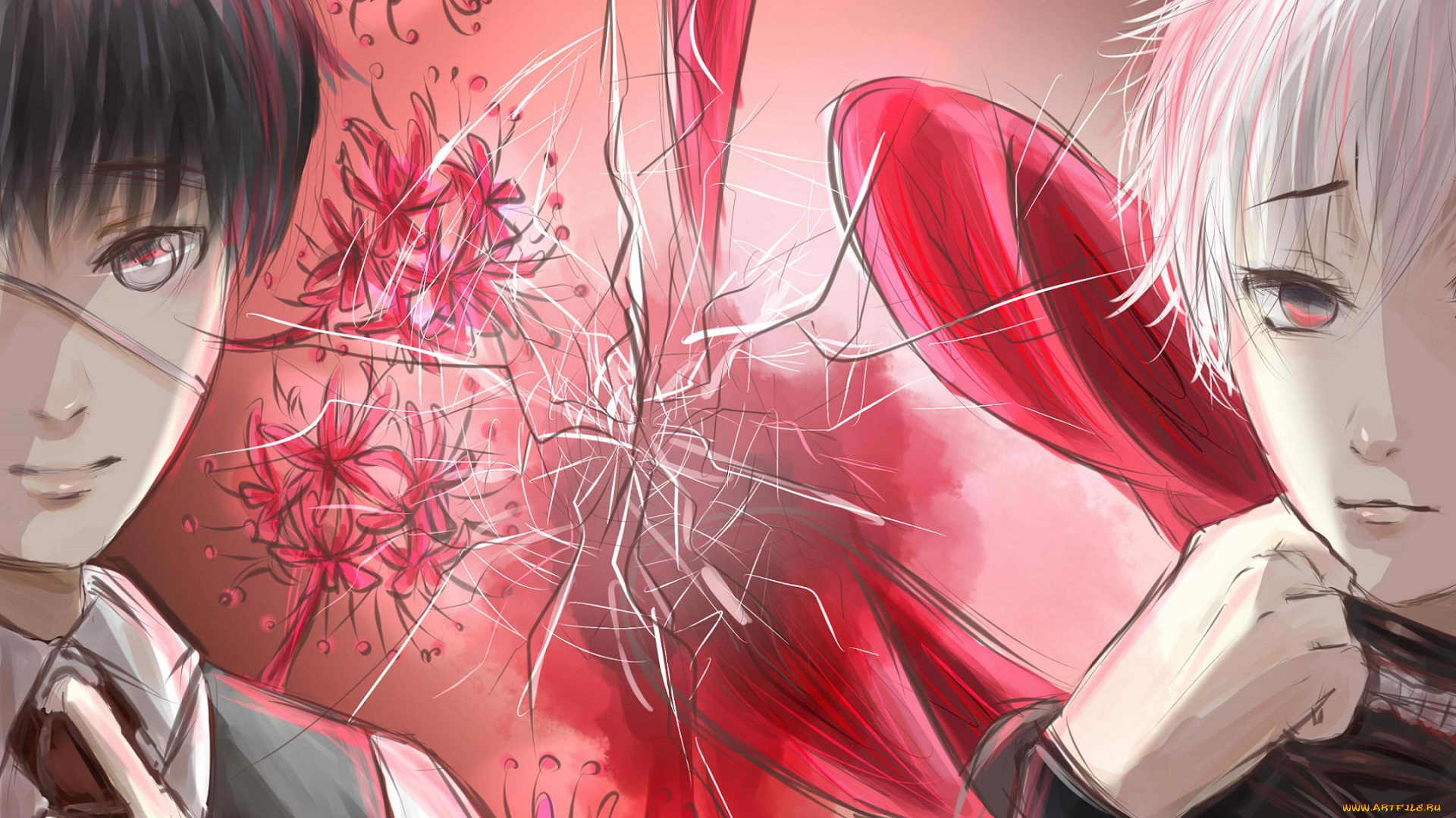 аниме, tokyo, ghoul, арт, токийский, гуль, парни, цветы, kaneki, ken