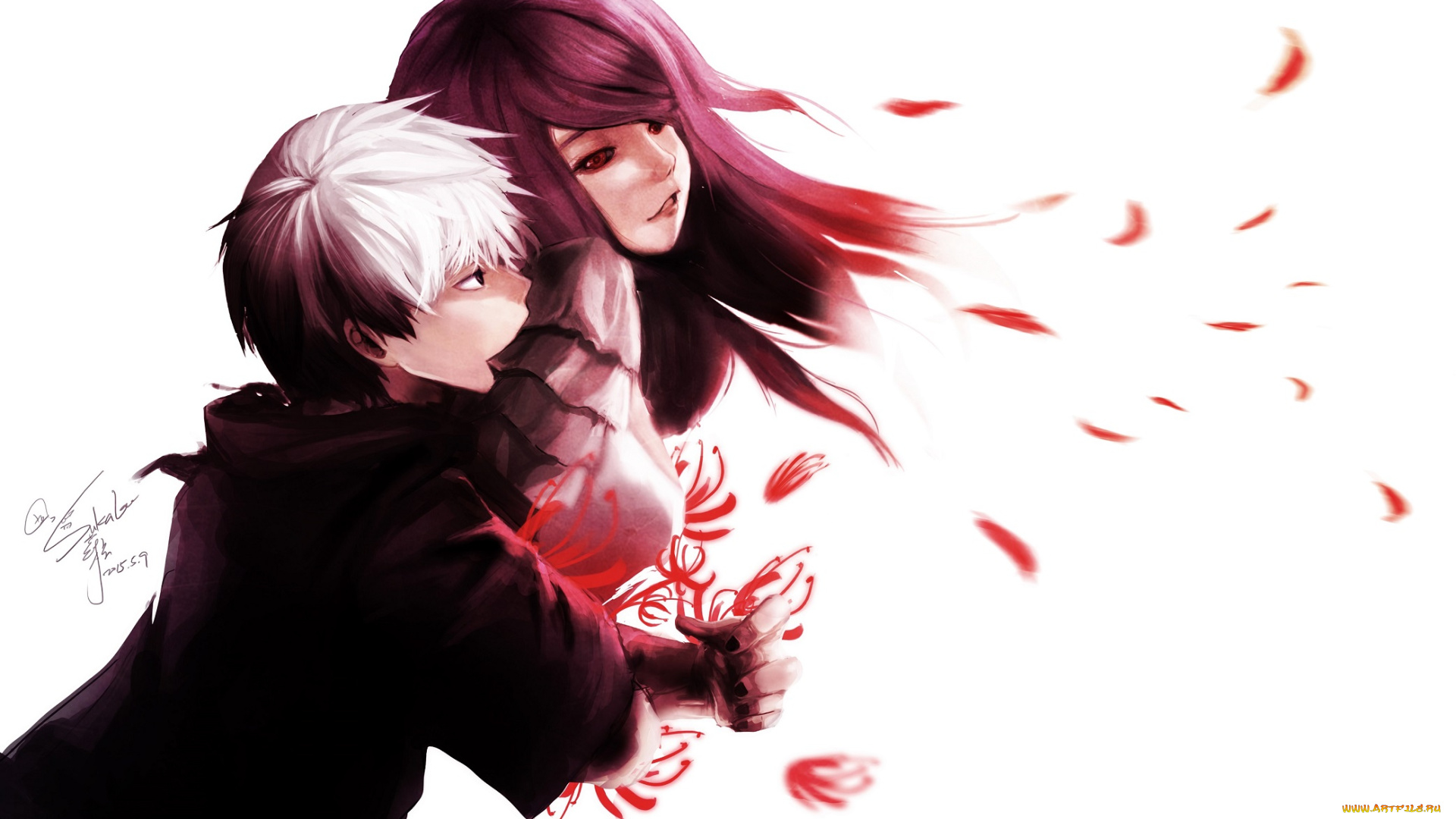 аниме, tokyo, ghoul, канеки, кен, девушка, парень, фон, цветы, токийский, гуль