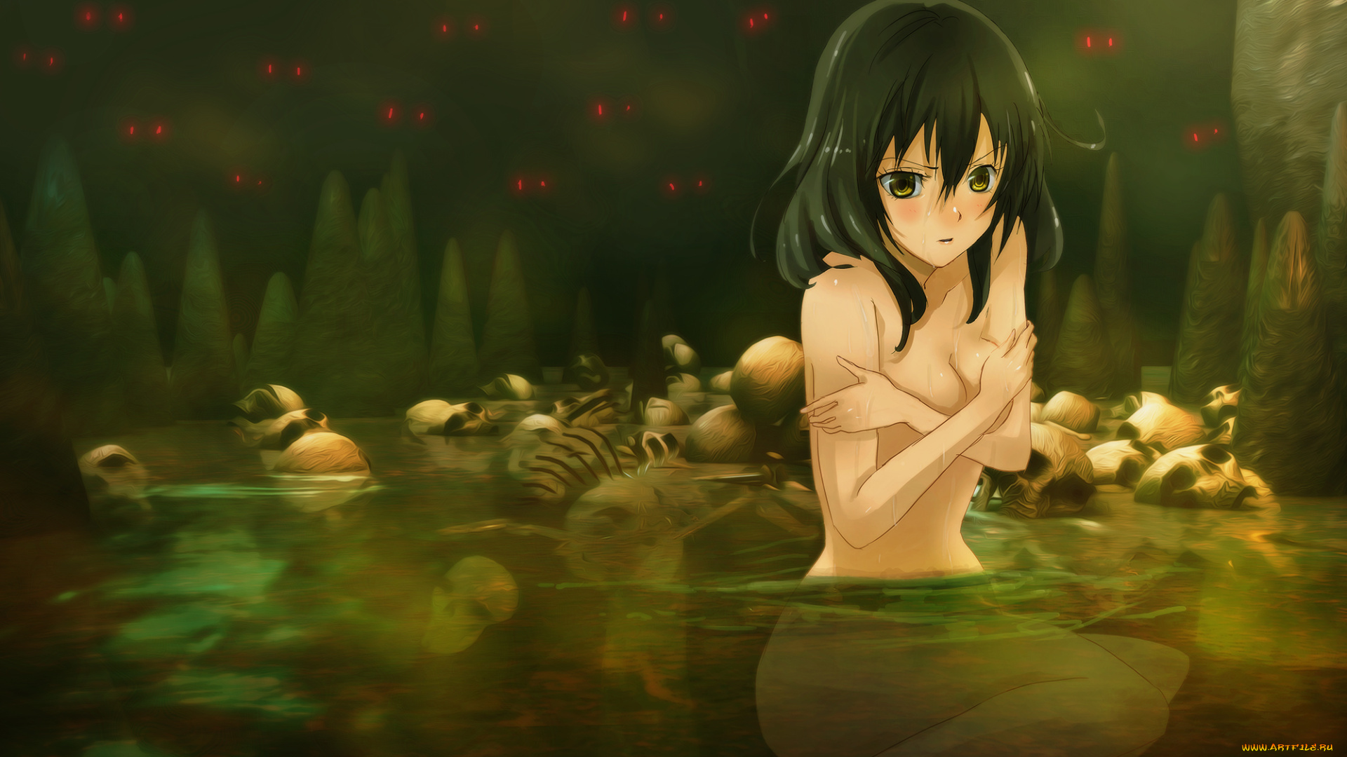 аниме, unknown, , другое, вода, пещера, девушка, глаза, темнота, капли, череп, кости, грот