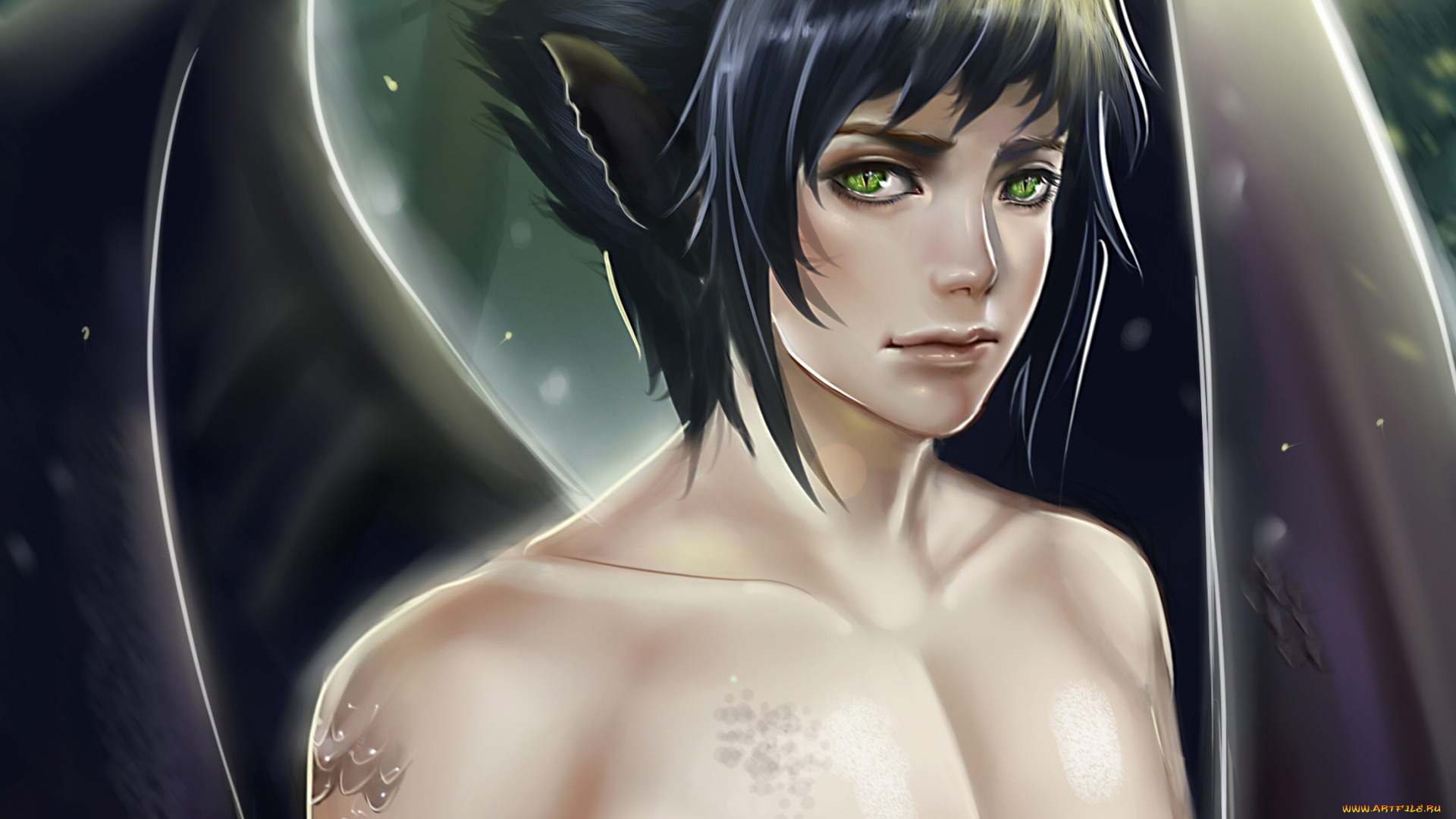 фэнтези, демоны, милашка, взгляд, крылья, брюнет, ангел, парень, арт