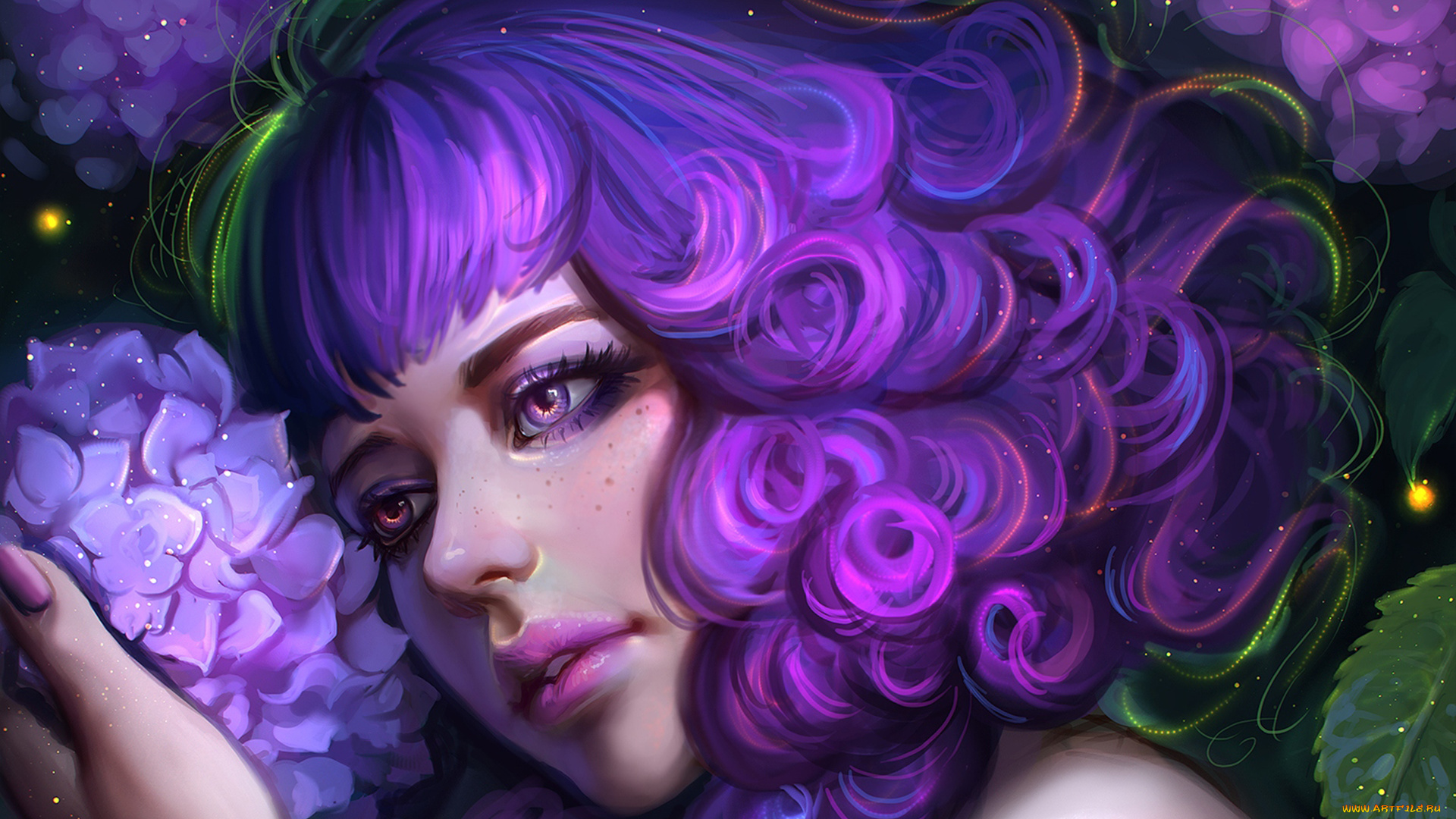 фэнтези, девушки, лицо, красота, арт, девушка, волосы, гортензия, цветок