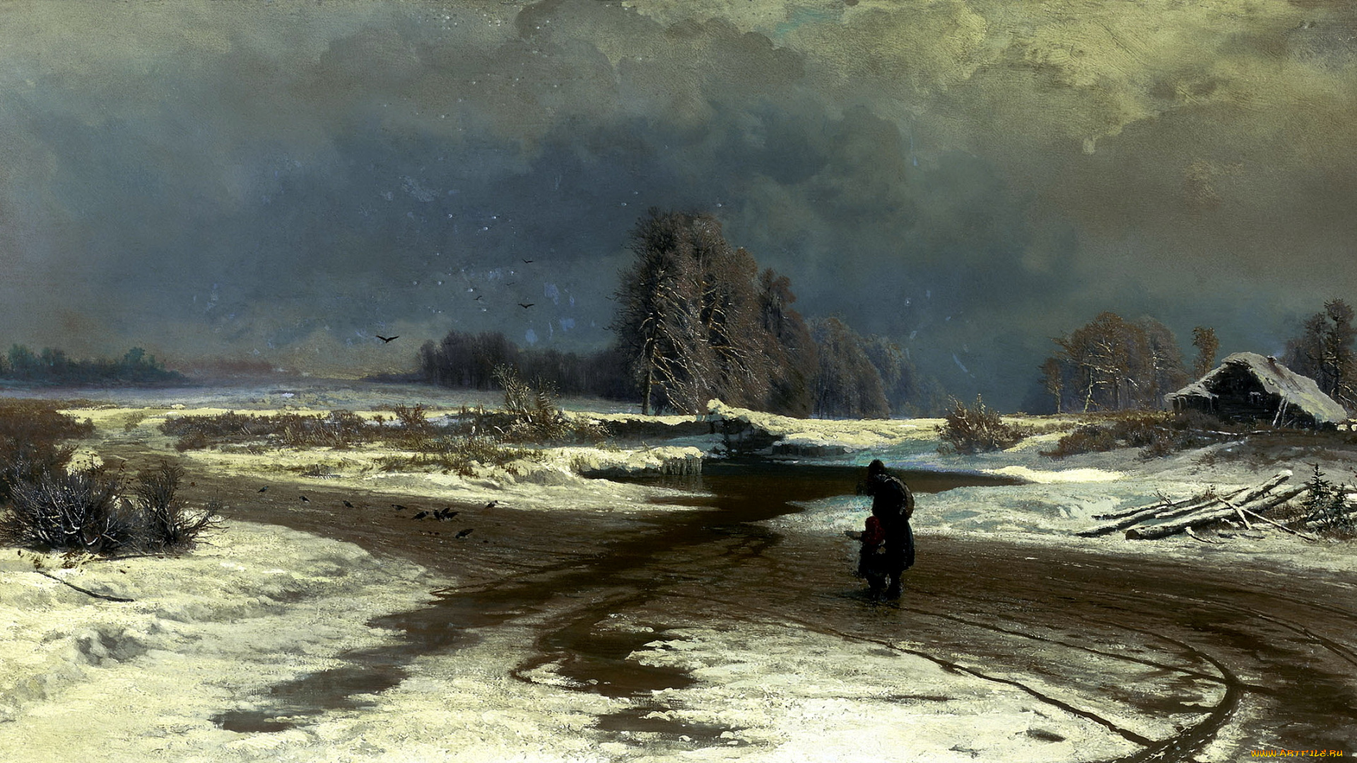 рисованное, живопись, дом, ребёнок, человек, дорога, вода, фигуры, облака, небо, кусты, птицы, слякоть, снег, картина, оттепель