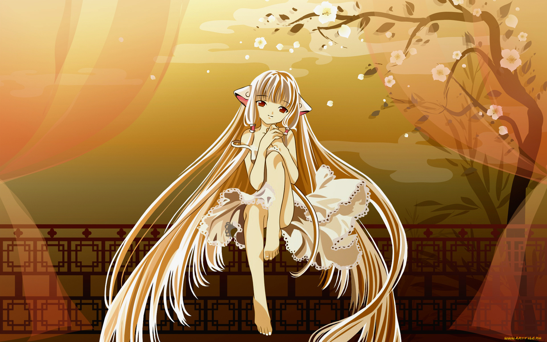 аниме, chobits, chii, цветы, ограждение, ушки, платье, девушка, шторы, дерево