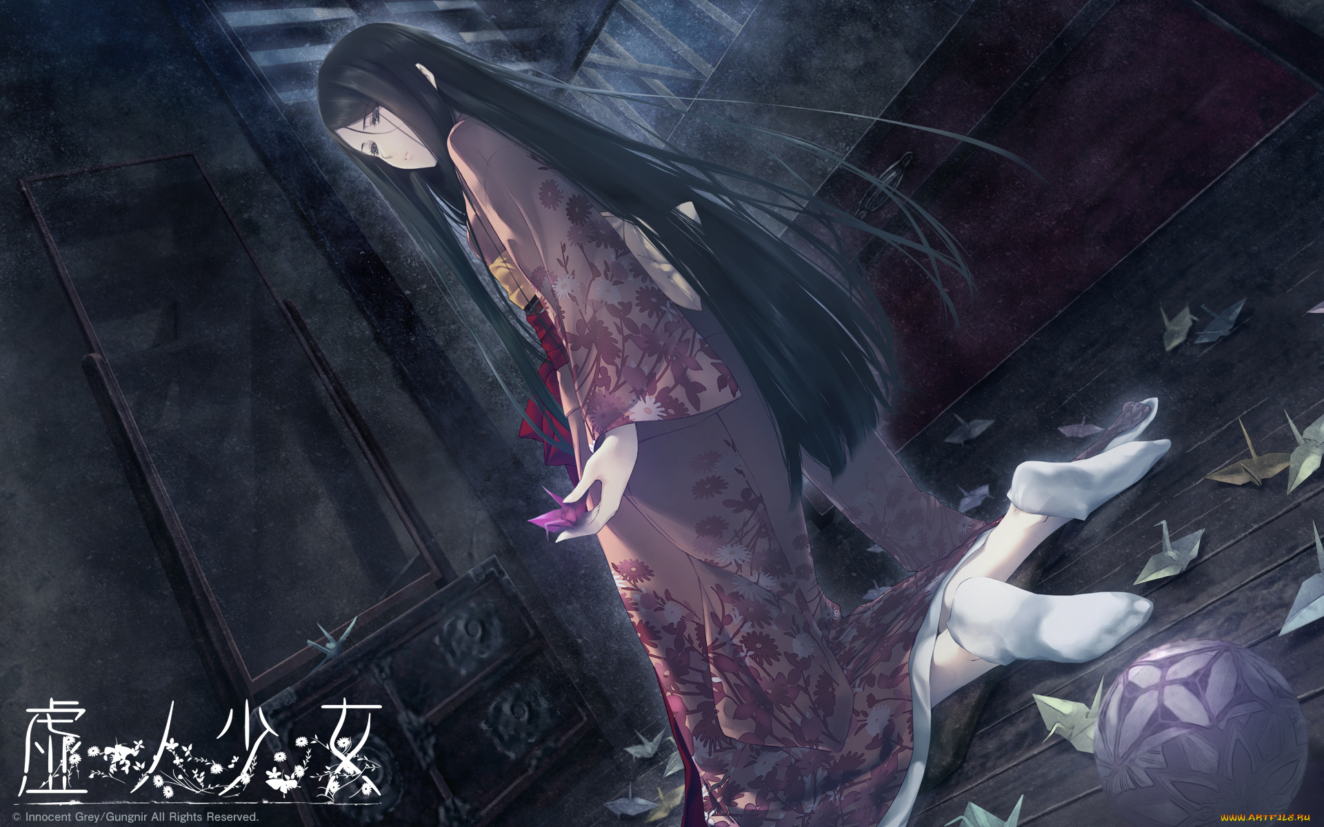 аниме, innocent, grey, оригами, бумажный, комод, журавль, девушка, комната, sugina, miki, кимоно