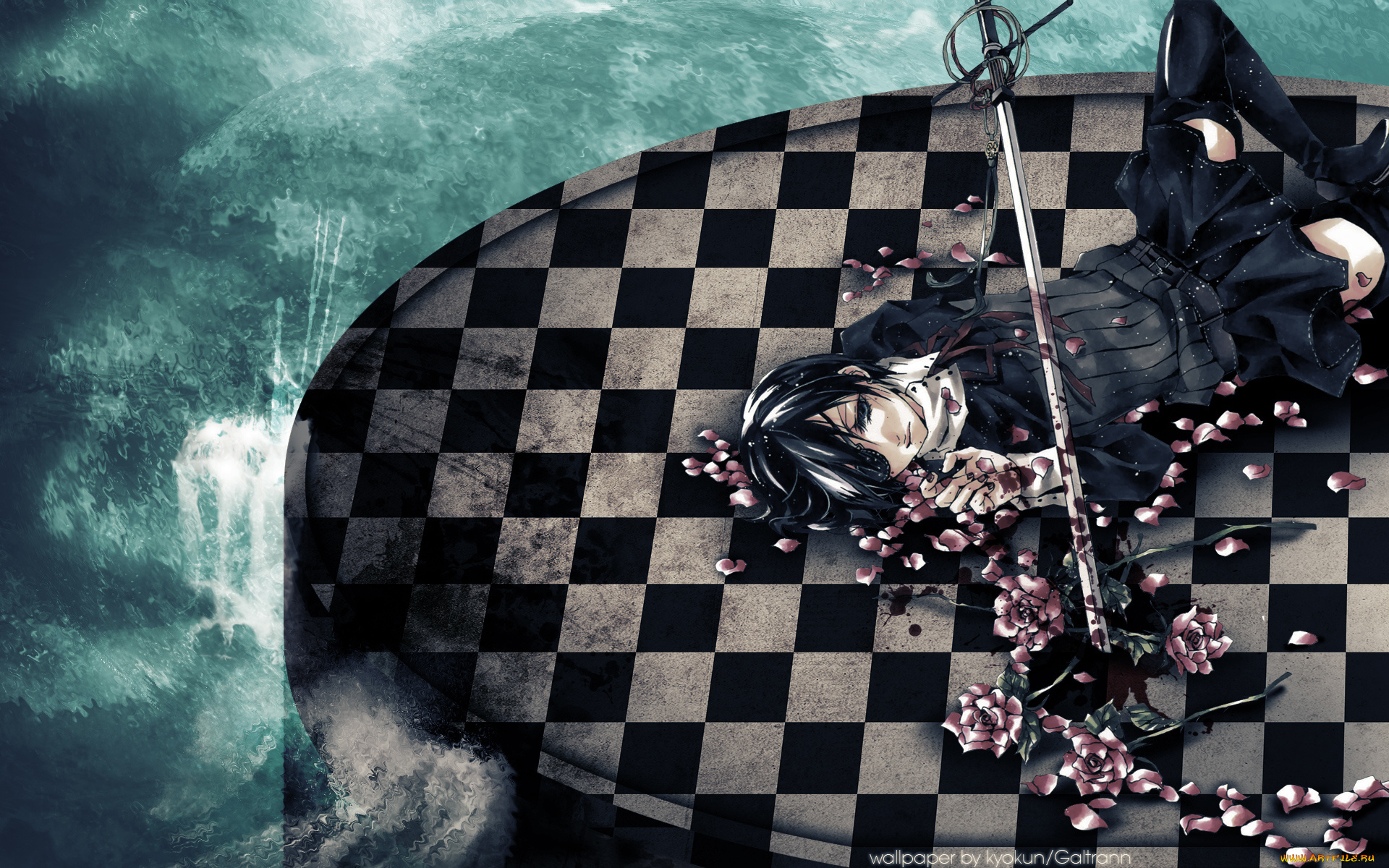 аниме, kuroshitsuji, вода, клетчатый, пол, оружие, ciel, phantomhive, меч, глазная, кровь, мужчина, повязка, лепестки, розы, цветы