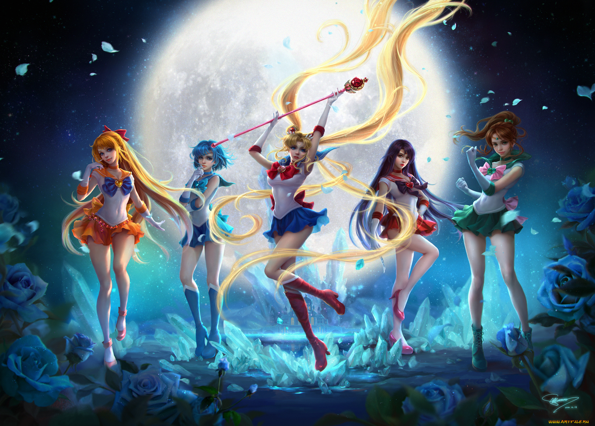 аниме, sailor, moon, sailor, venus, aino, minako, bishoujo, senshi, moon, mizuno, ami, mars, hino, rei, mercury, цветы, луна, девушки, jupiter, kino, makoto, небо, sunmomo, арт, tsukino, usagi, звезды, ночь, розы
