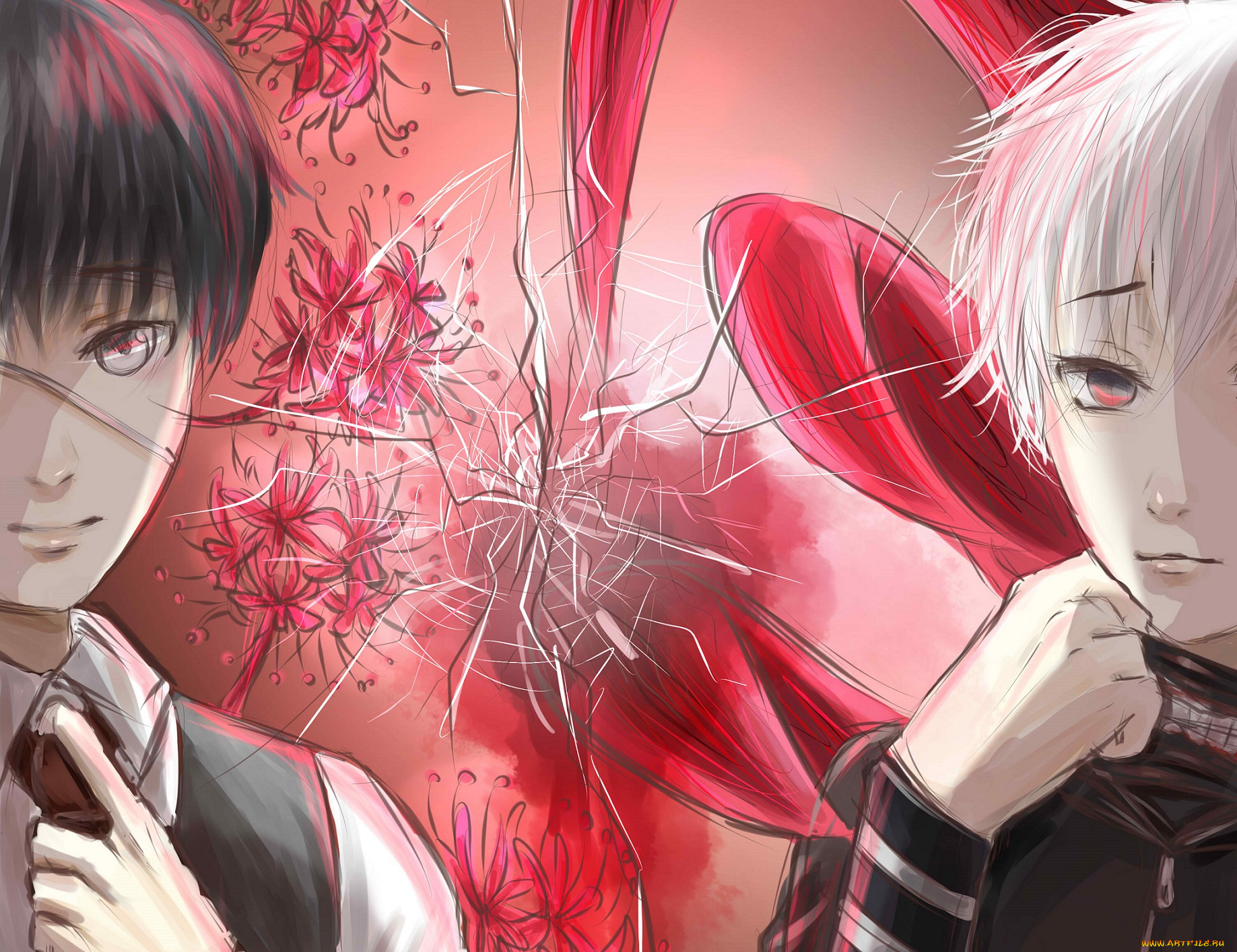 аниме, tokyo, ghoul, арт, токийский, гуль, парни, цветы, kaneki, ken