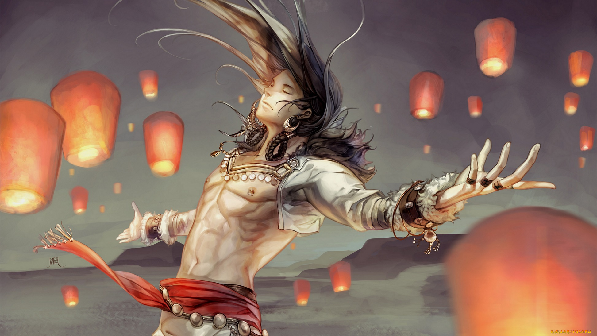 аниме, unknown, , другое, мужчина, арт, горы, фонарики, пустыня, платок, украшения