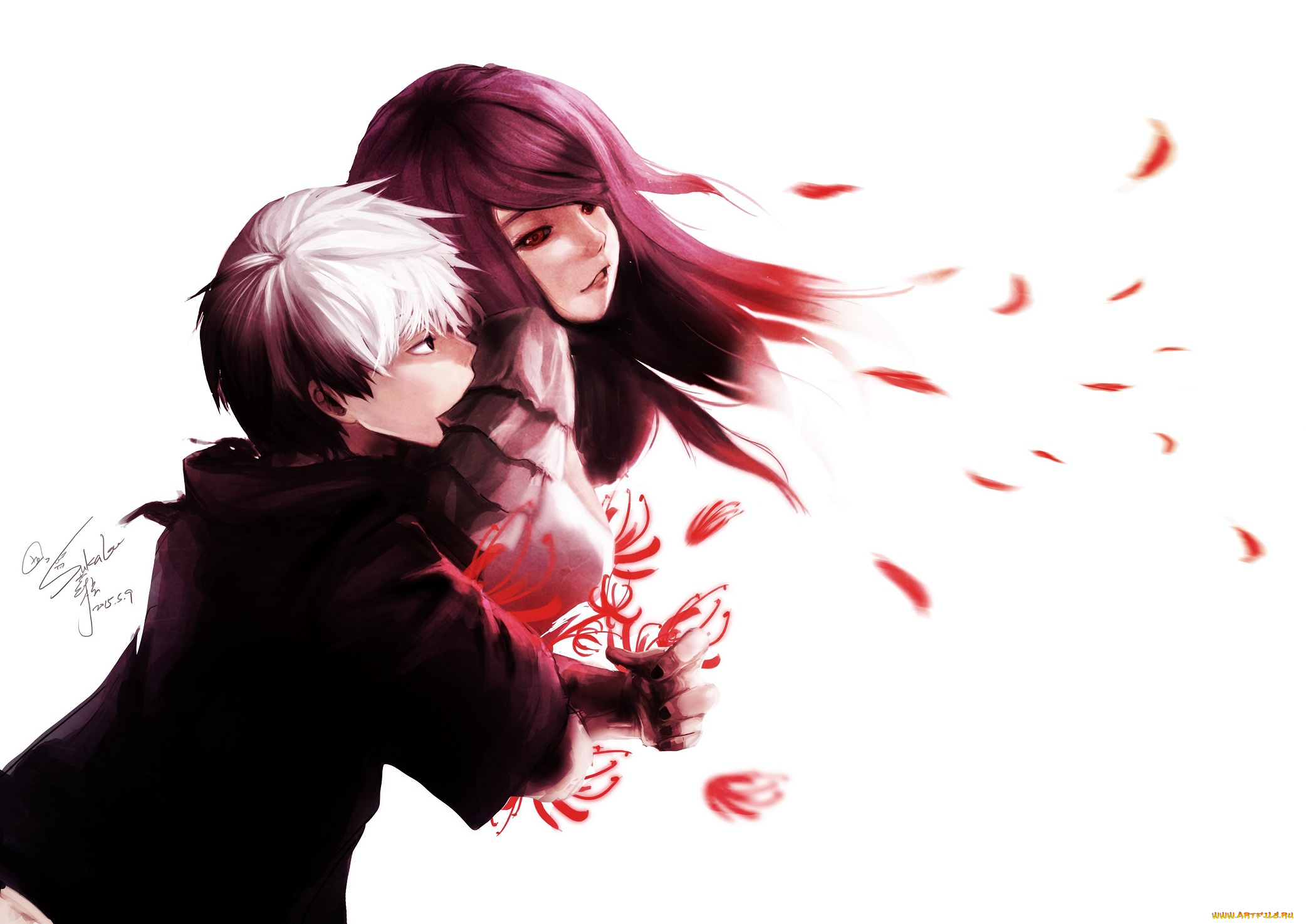 аниме, tokyo, ghoul, канеки, кен, девушка, парень, фон, цветы, токийский, гуль