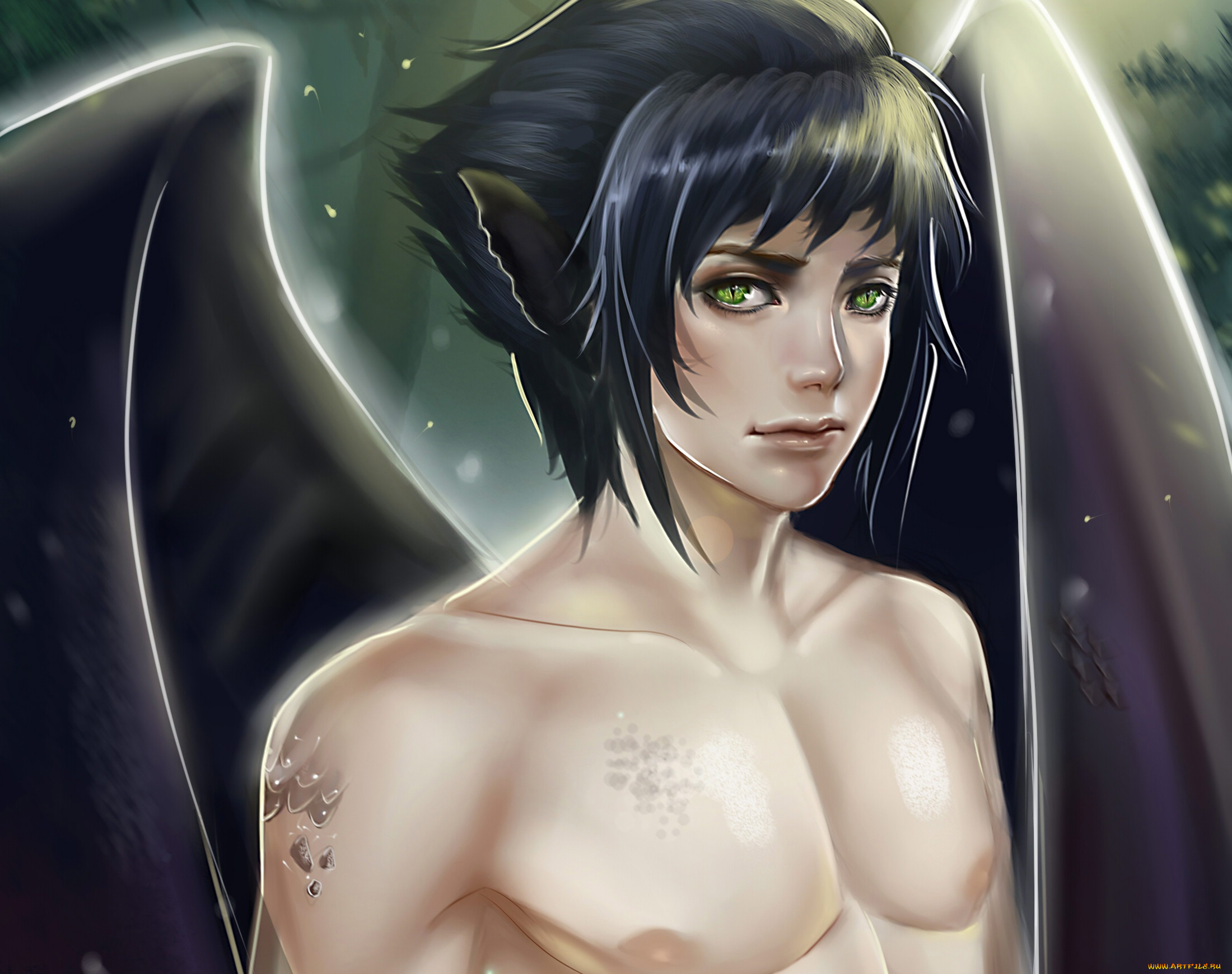 фэнтези, демоны, милашка, взгляд, крылья, брюнет, ангел, парень, арт