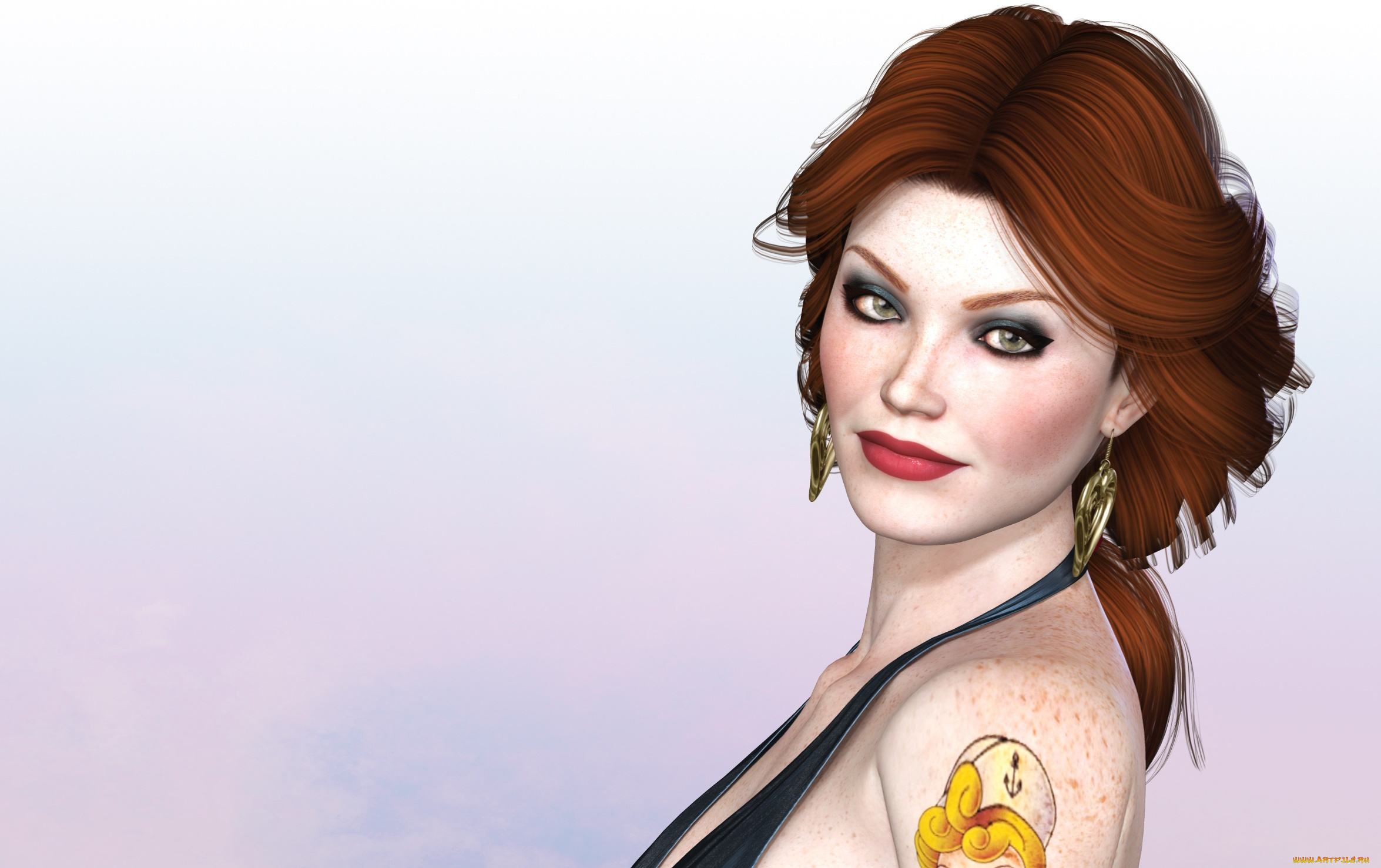 3д, графика, портрет, , portraits, тату, девушка, взгляд, фон, рыжая