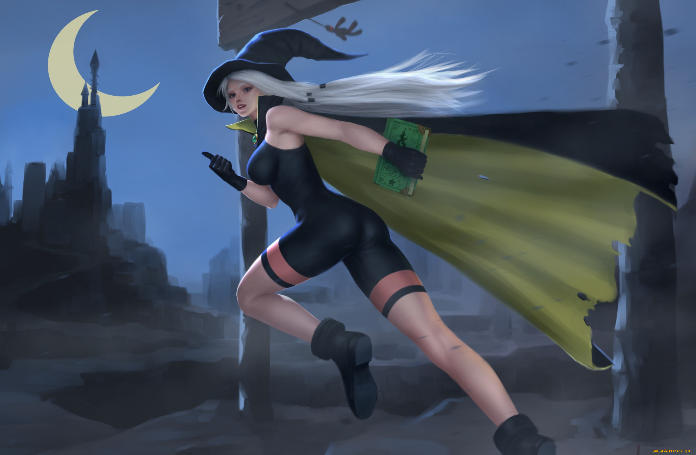 фэнтези, девушки, девушка, накидка, луна, книга, фон, взгляд