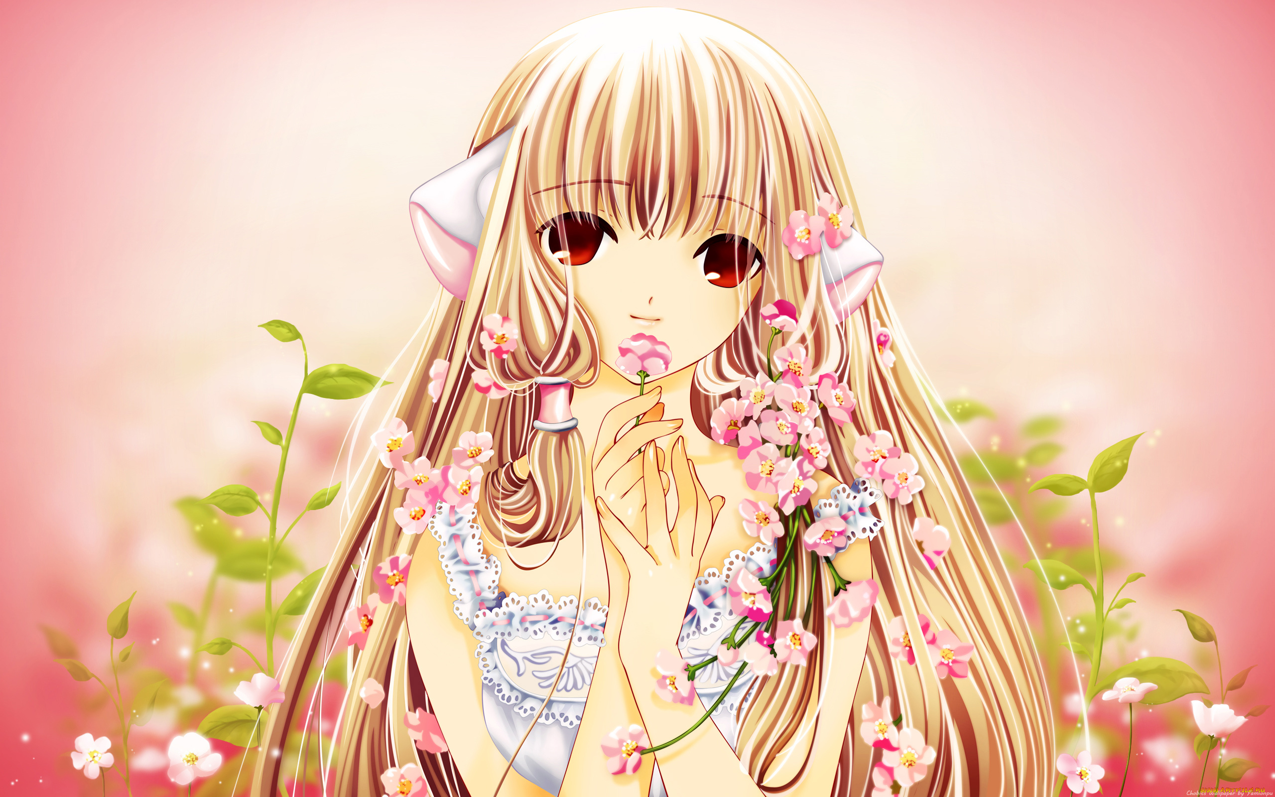 аниме, chobits, chii, девушка, платье, yamionpu, растения, ушки, цветы, лепестки
