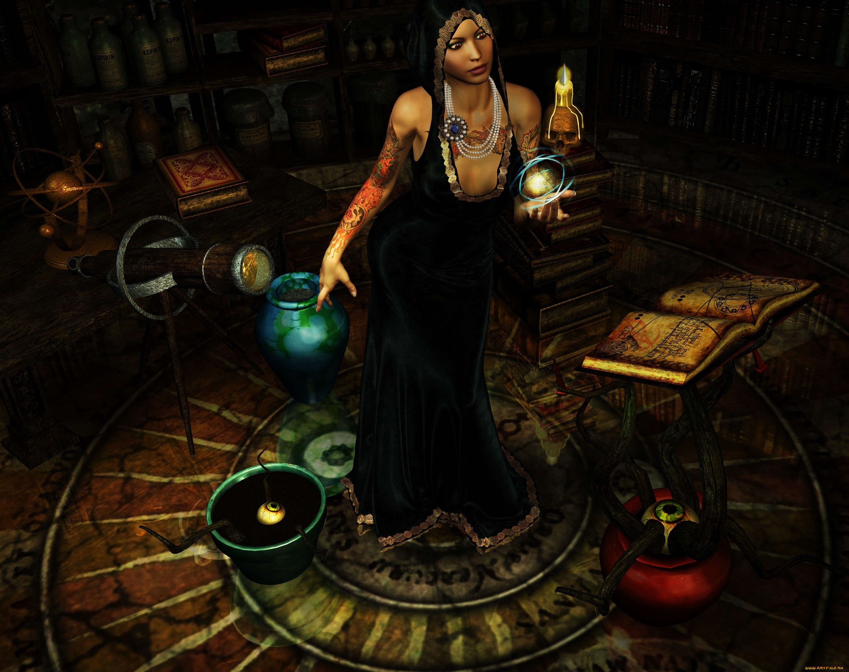 3д, графика, фантазия, , fantasy, череп, фон, взгляд, девушка, магия, книга, глаза