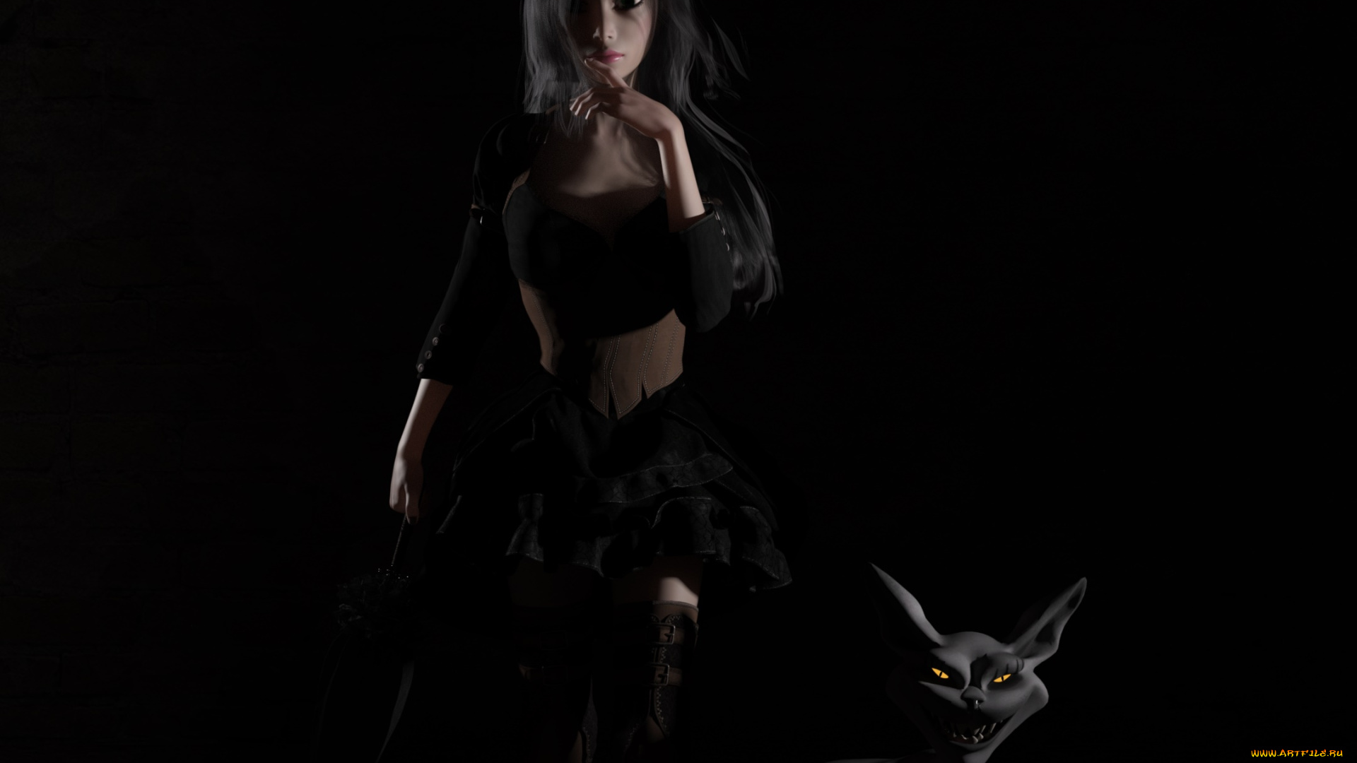 3д, графика, фантазия, , fantasy, девушка, существо, фон, взгляд