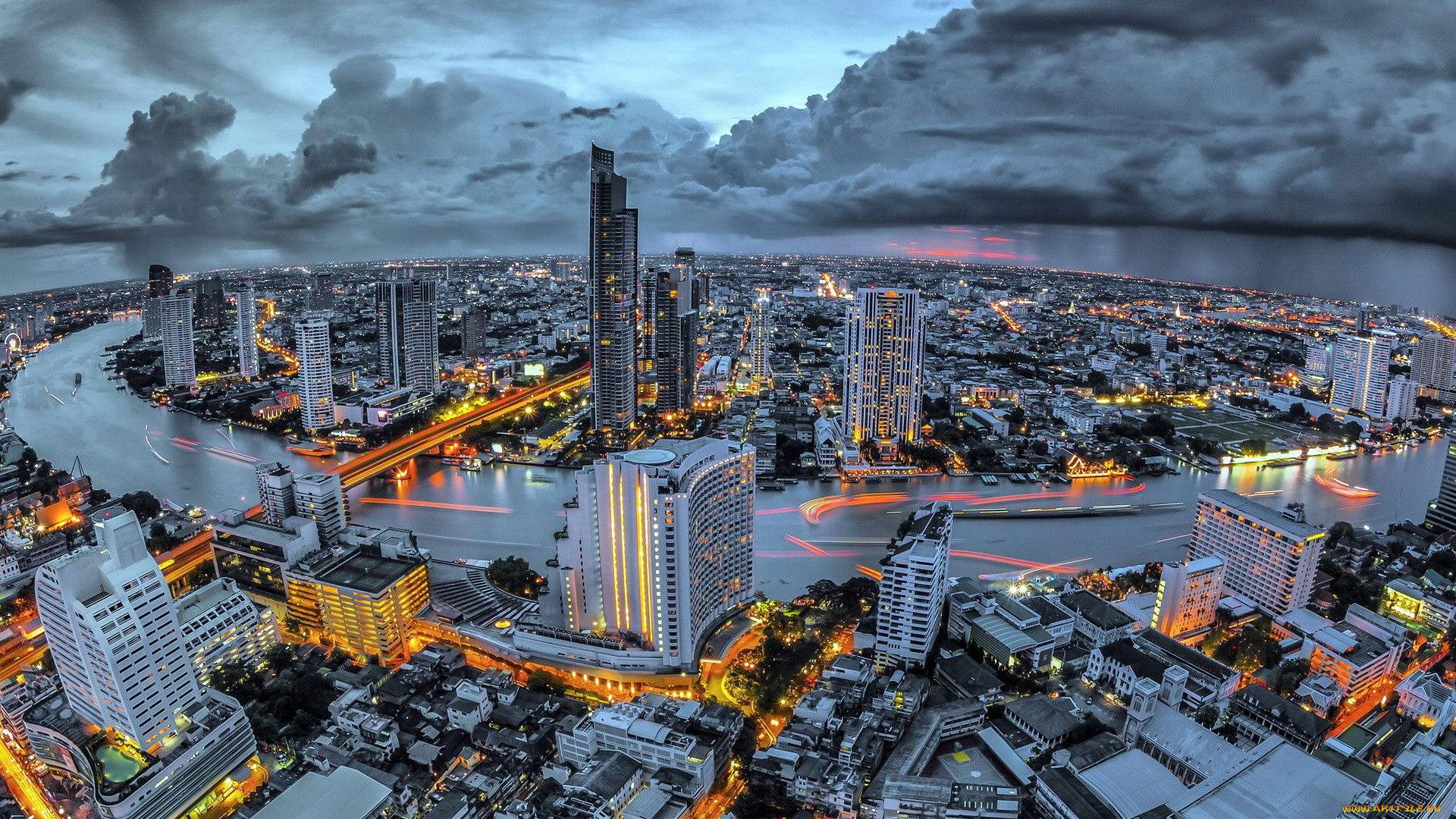 города, бангкок, , таиланд, панорама, здания, дома, река, огни, тучи, вечер, город, небо, облака, небоскреб, азия, длительная, экспозиция, выборочная, раскраска, световые, дорожки