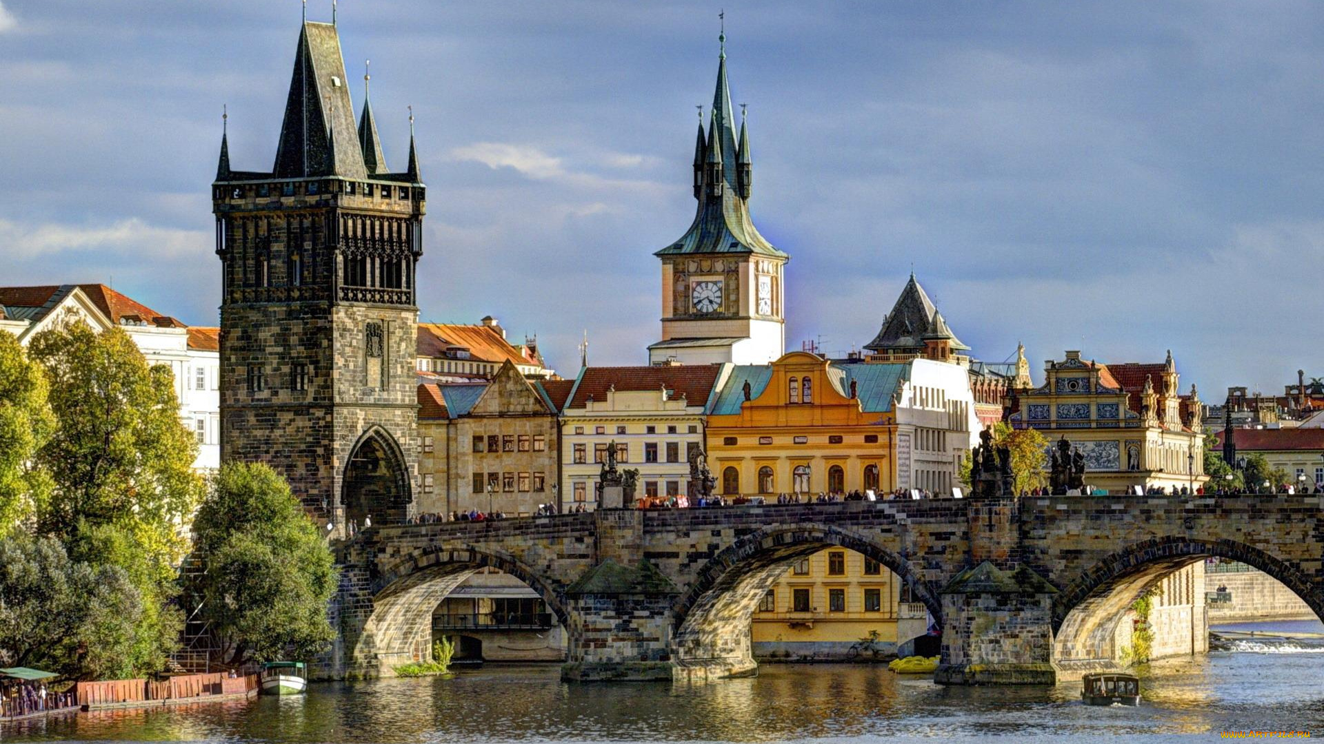 города, прага, , Чехия, башни, здания, дома, мост, река