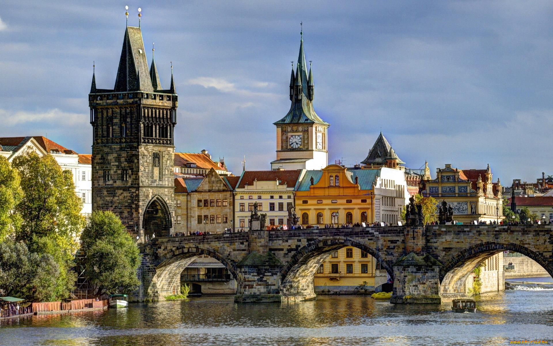 города, прага, , Чехия, башни, здания, дома, мост, река