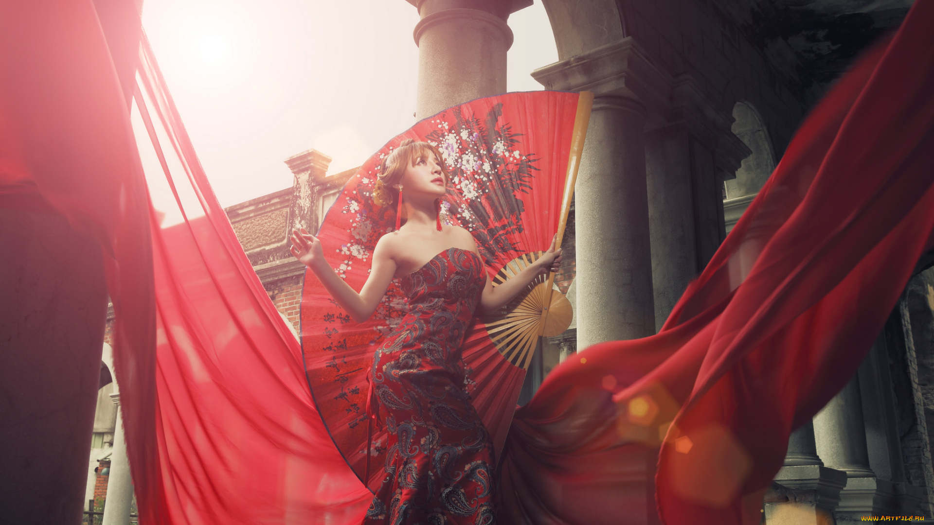 девушки, -unsort, , азиатки, веер, лето, ткань, девушка, платье, красное