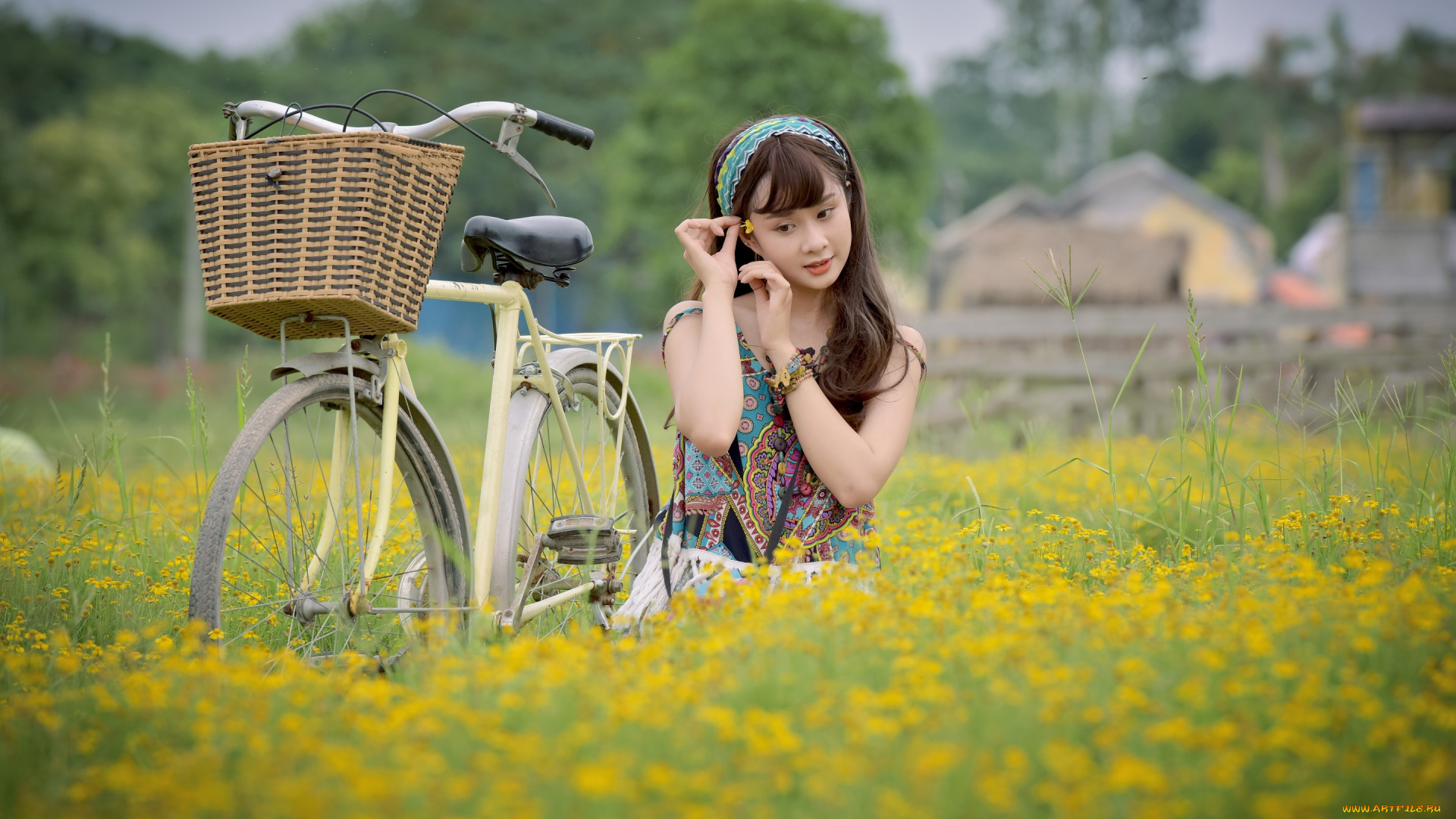 девушки, -unsort, , азиатки, велосипед, девушка, лицо, азиатка, поле