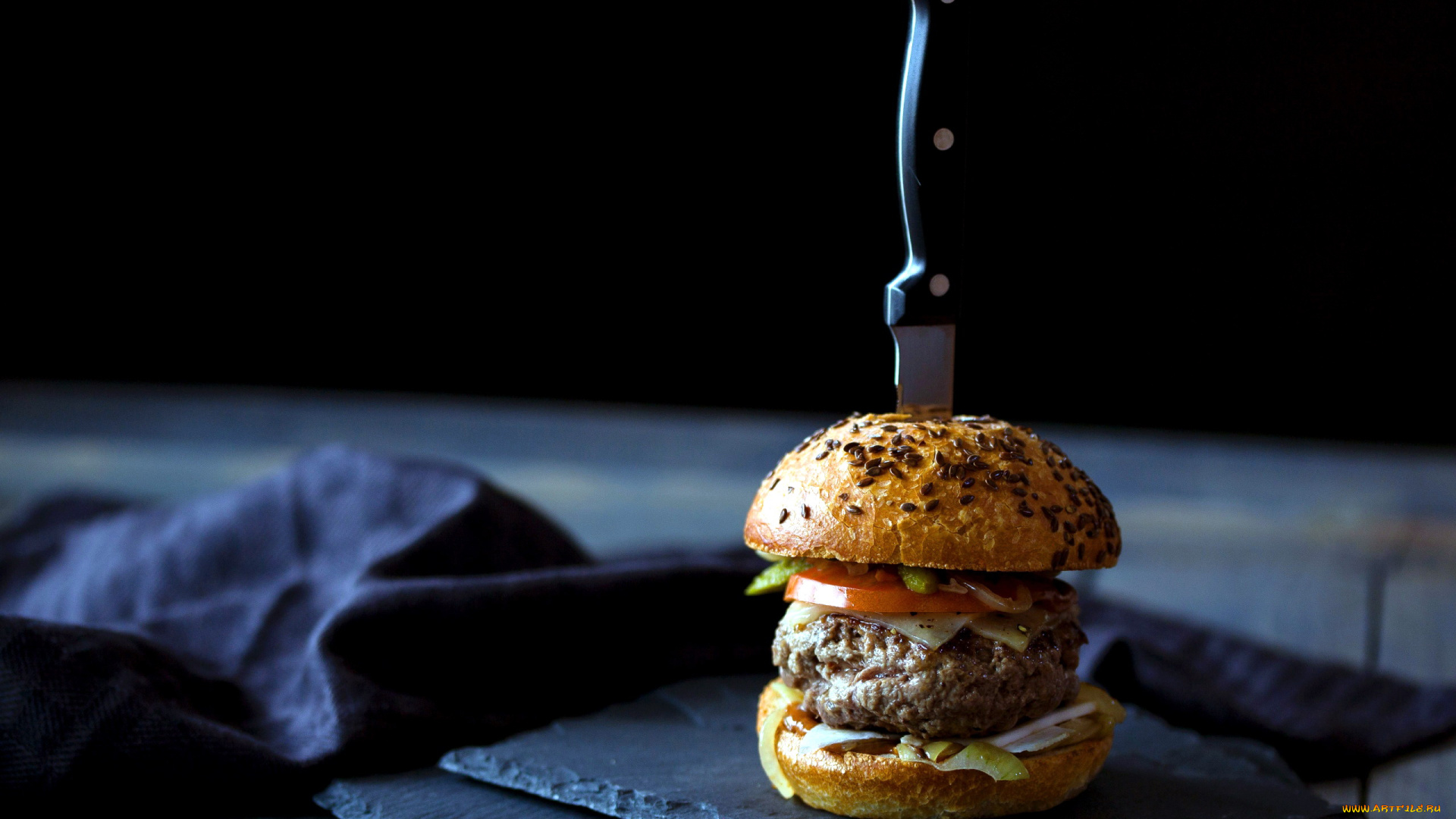 еда, бутерброды, , гамбургеры, , канапе, нож, булочка, котлета, гамбургер