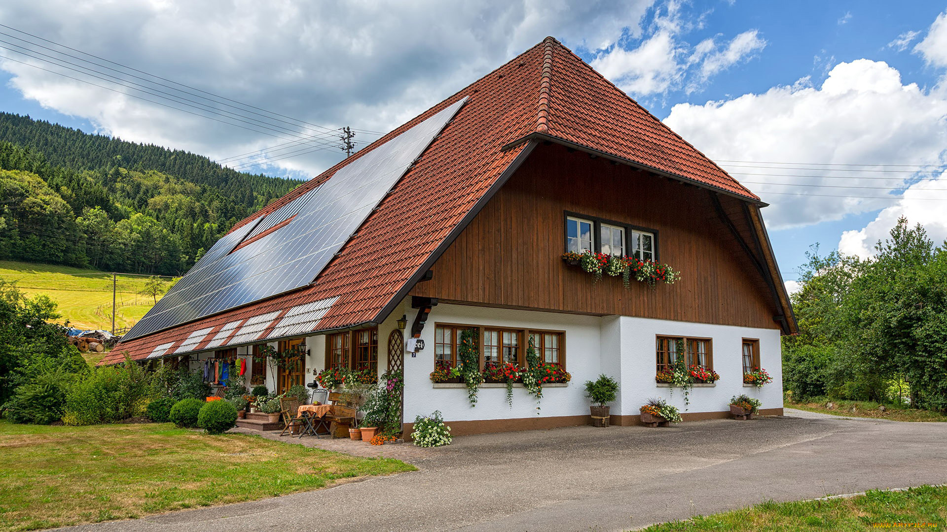 города, -, здания, , дома, цветы, лужайка, дом, вазоны