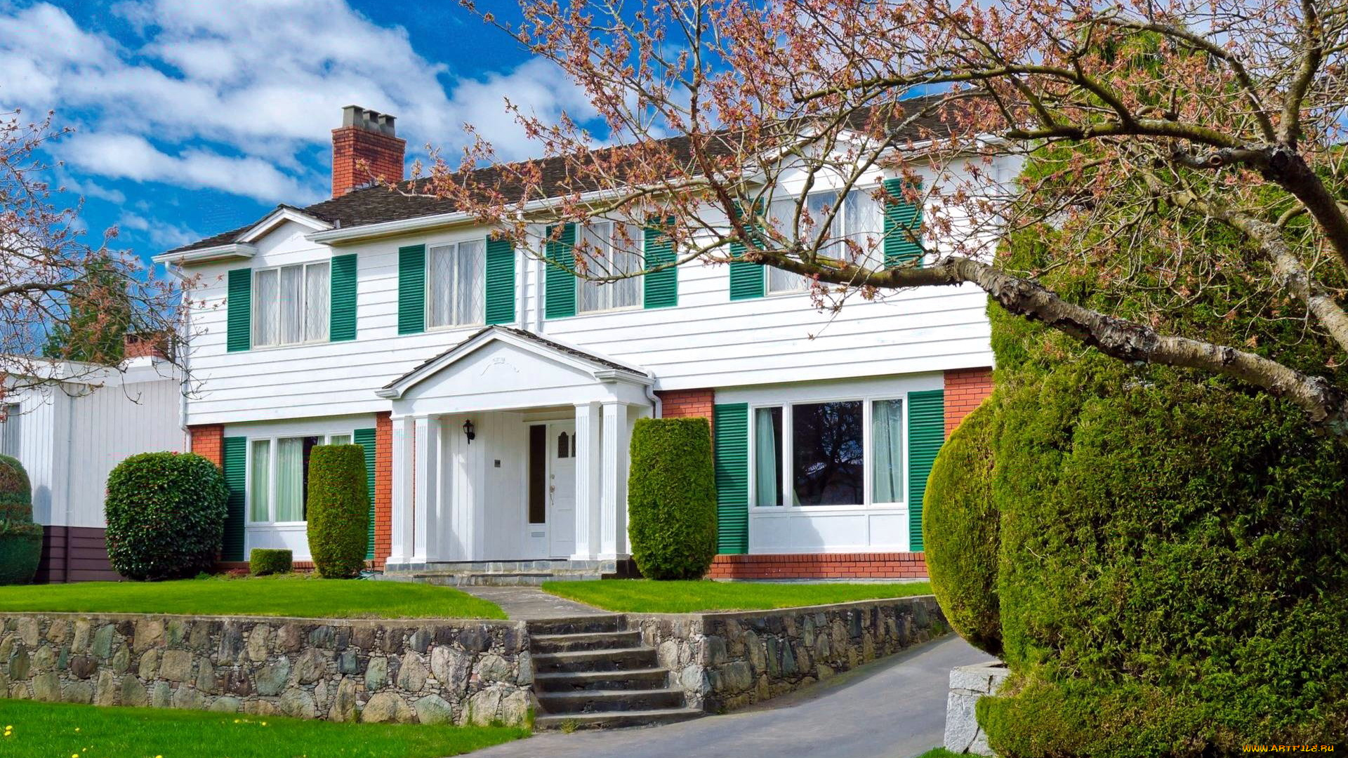 города, -, здания, , дома, лужайка, кусты, дом, весна