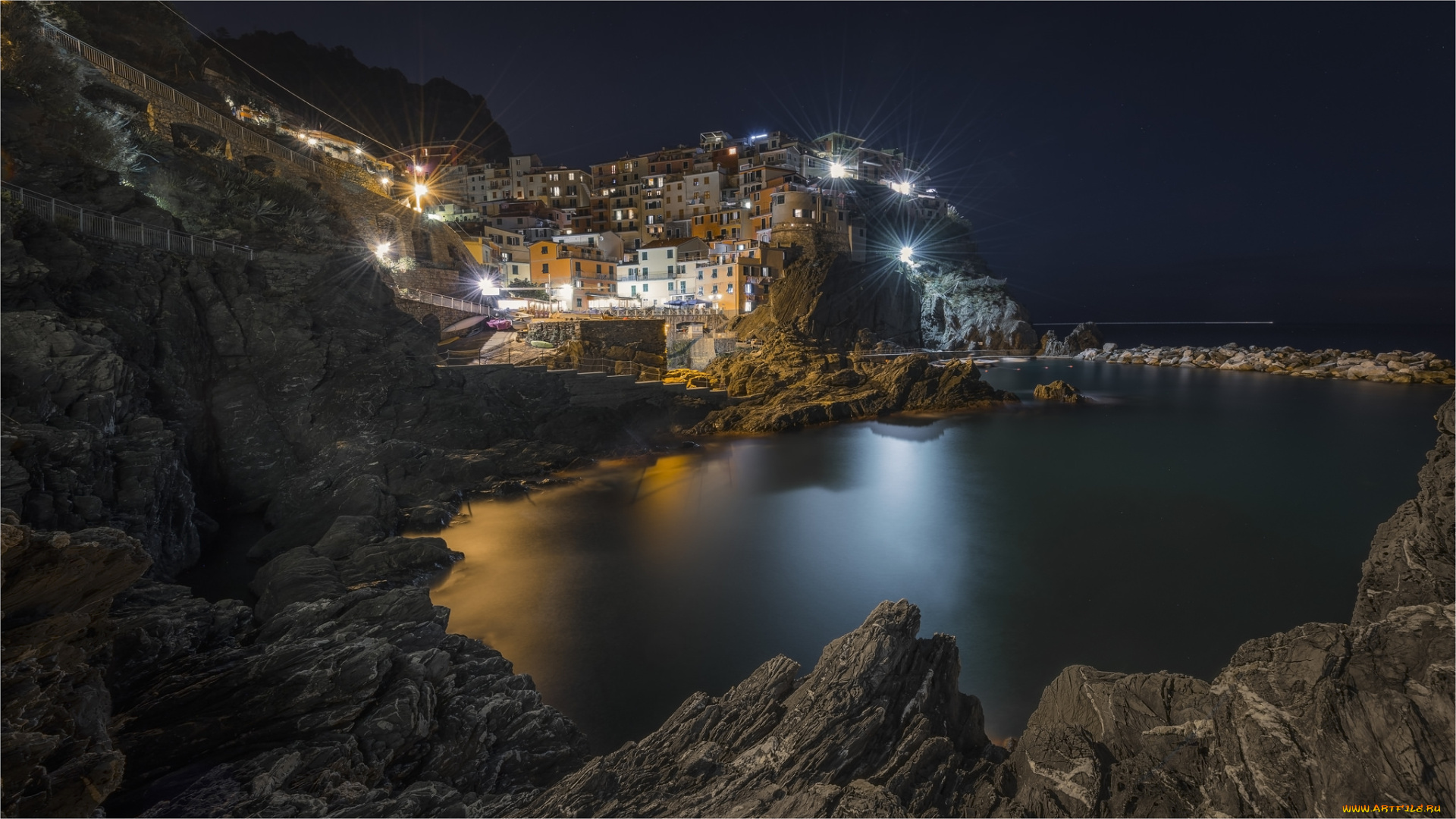 manarola, города, -, огни, ночного, города, побережье