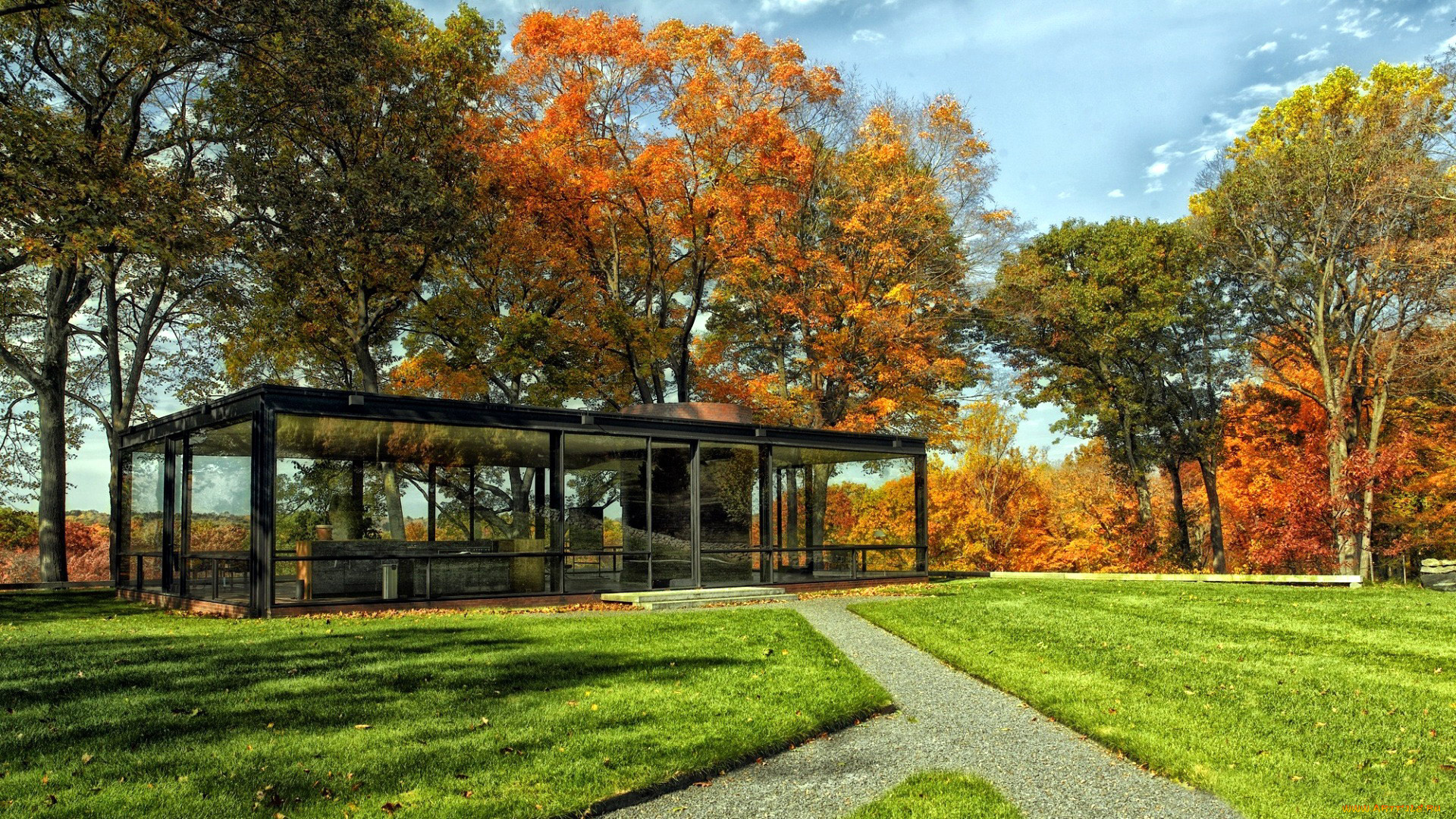 природа, парк, лужайка, деревья, павильон, аллеи, осень