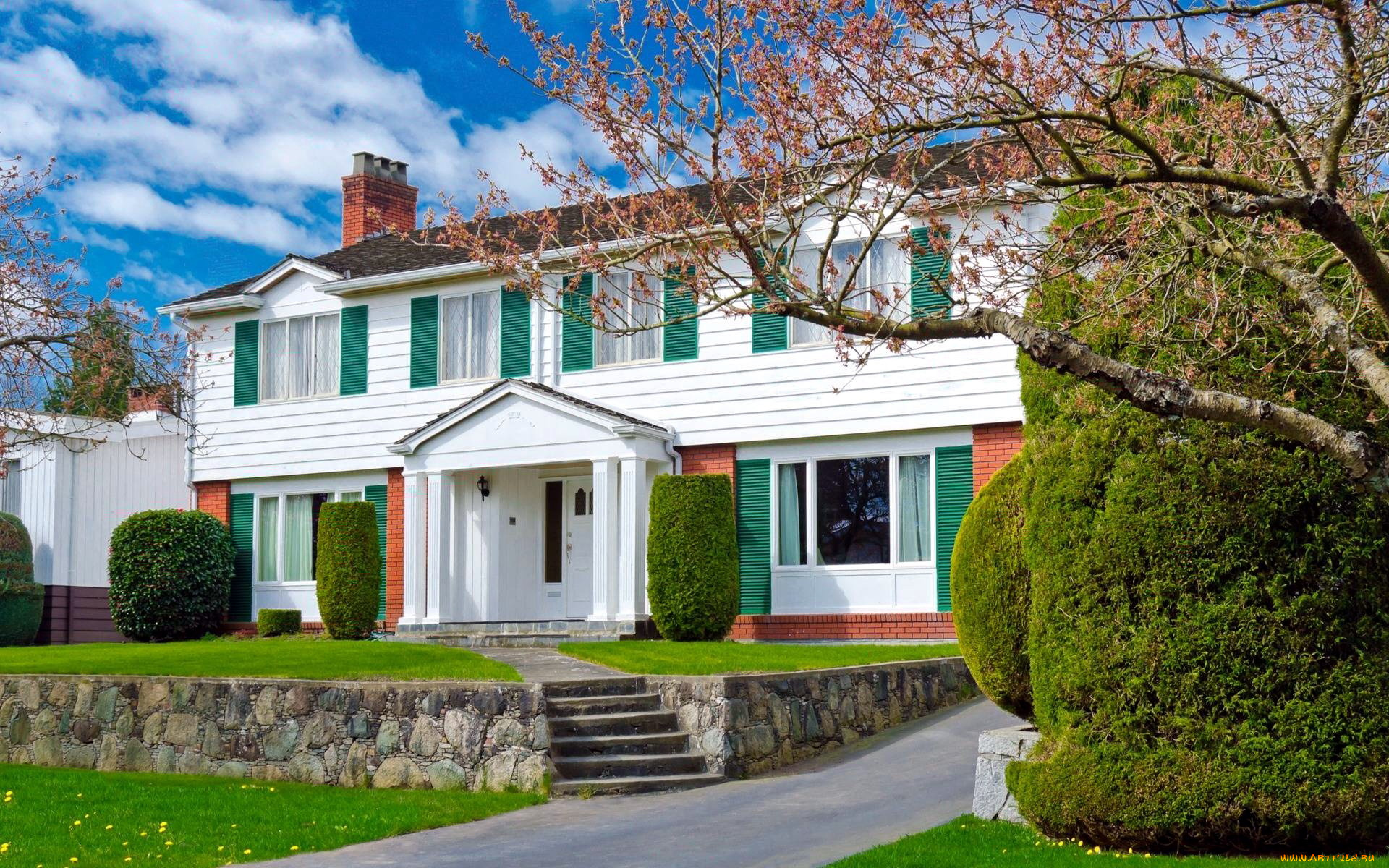 города, -, здания, , дома, лужайка, кусты, дом, весна