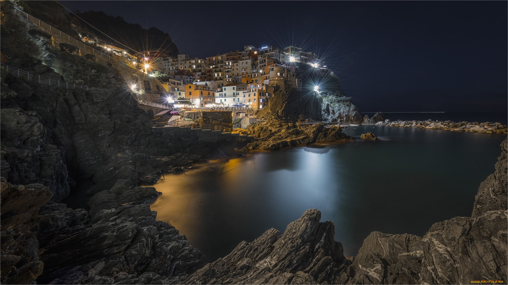 manarola, города, -, огни, ночного, города, побережье