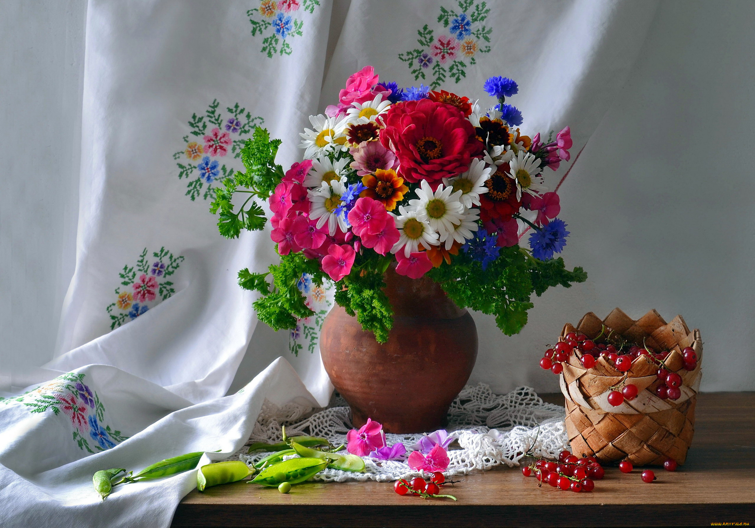 еда, натюрморт, стручки, горох, красная, букет, смородина