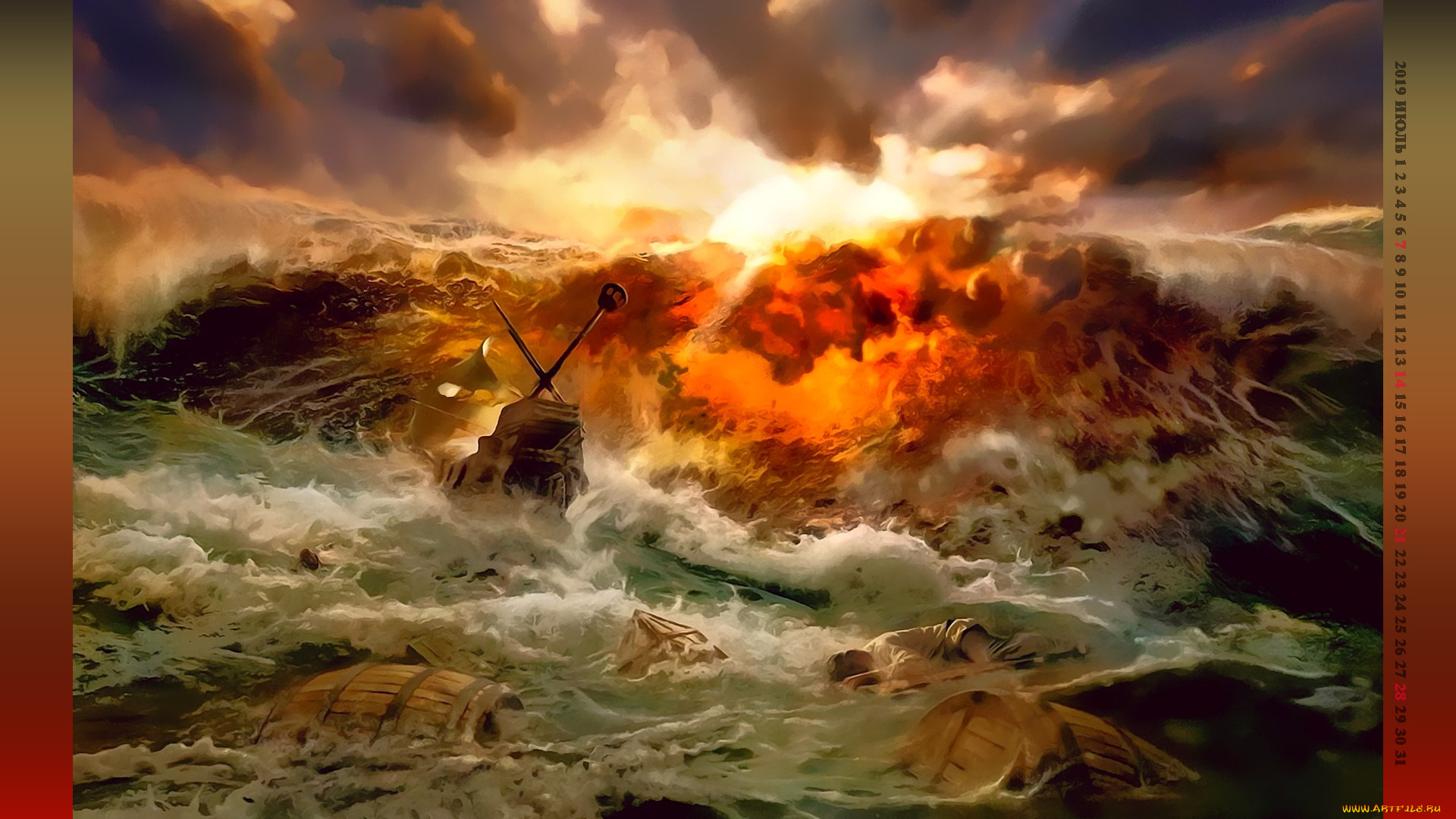 календари, фэнтези, 2019, calendar, обломки, кораблекрушение, человек, бочка, водоем