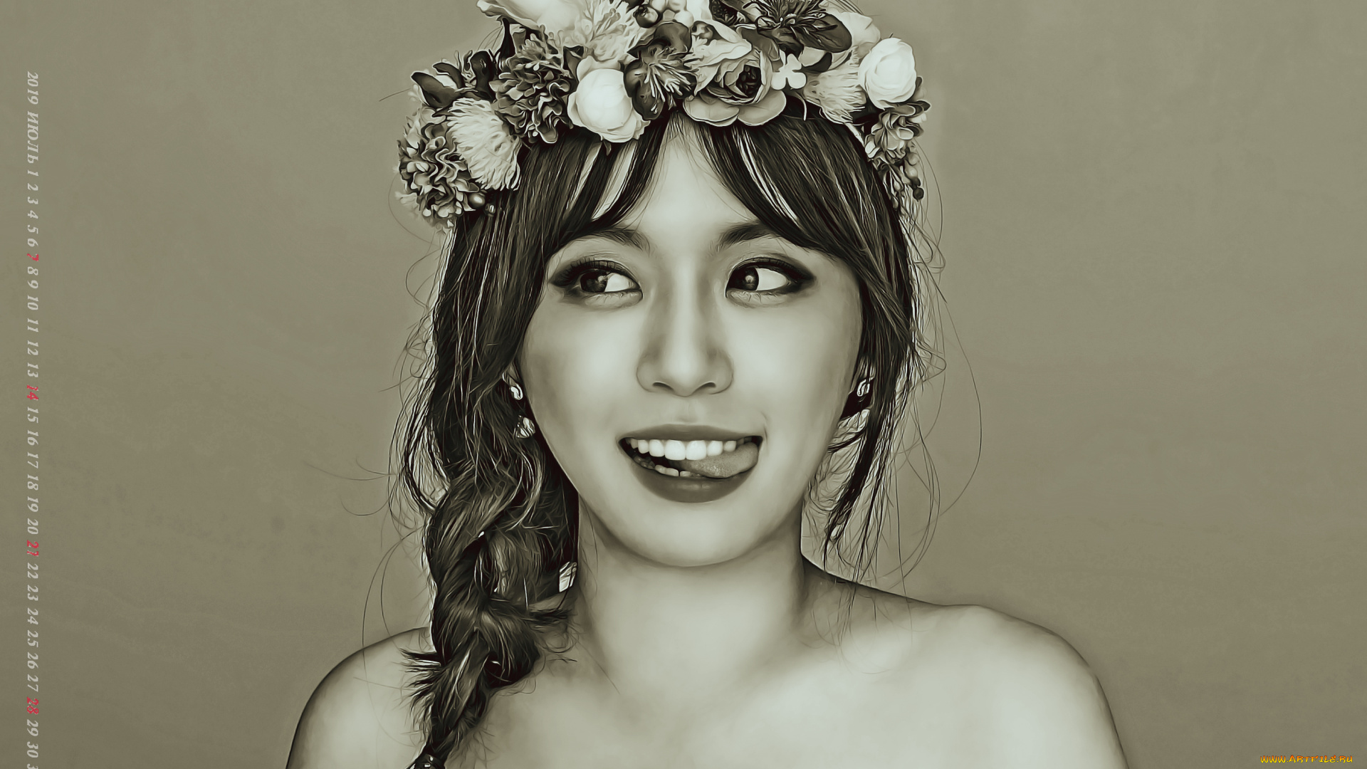 календари, компьютерный, дизайн, 2019, женщина, calendar, цветы, девушка, венок, лицо