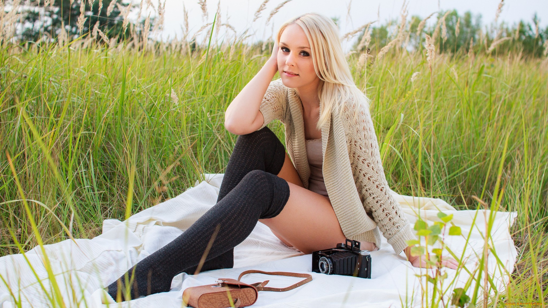 девушки, -, блондинки, , светловолосые, блондинка, природа, фотоаппарат, ретро, модель, чулки, лето, трава