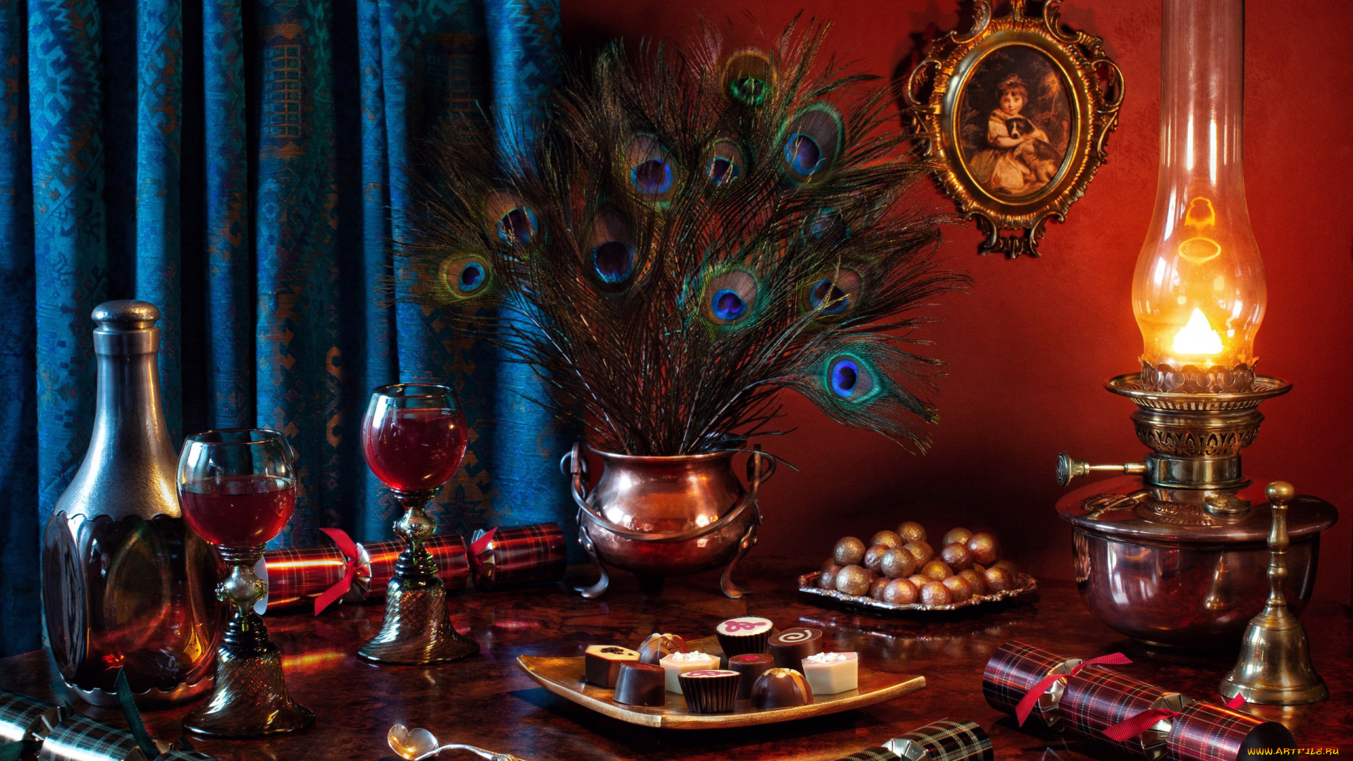 еда, натюрморт, лампа, конфеты, вино, бокалы, перья
