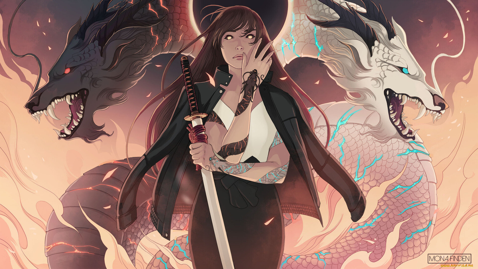 фэнтези, красавицы, и, чудовища, девушка, меч, драконы