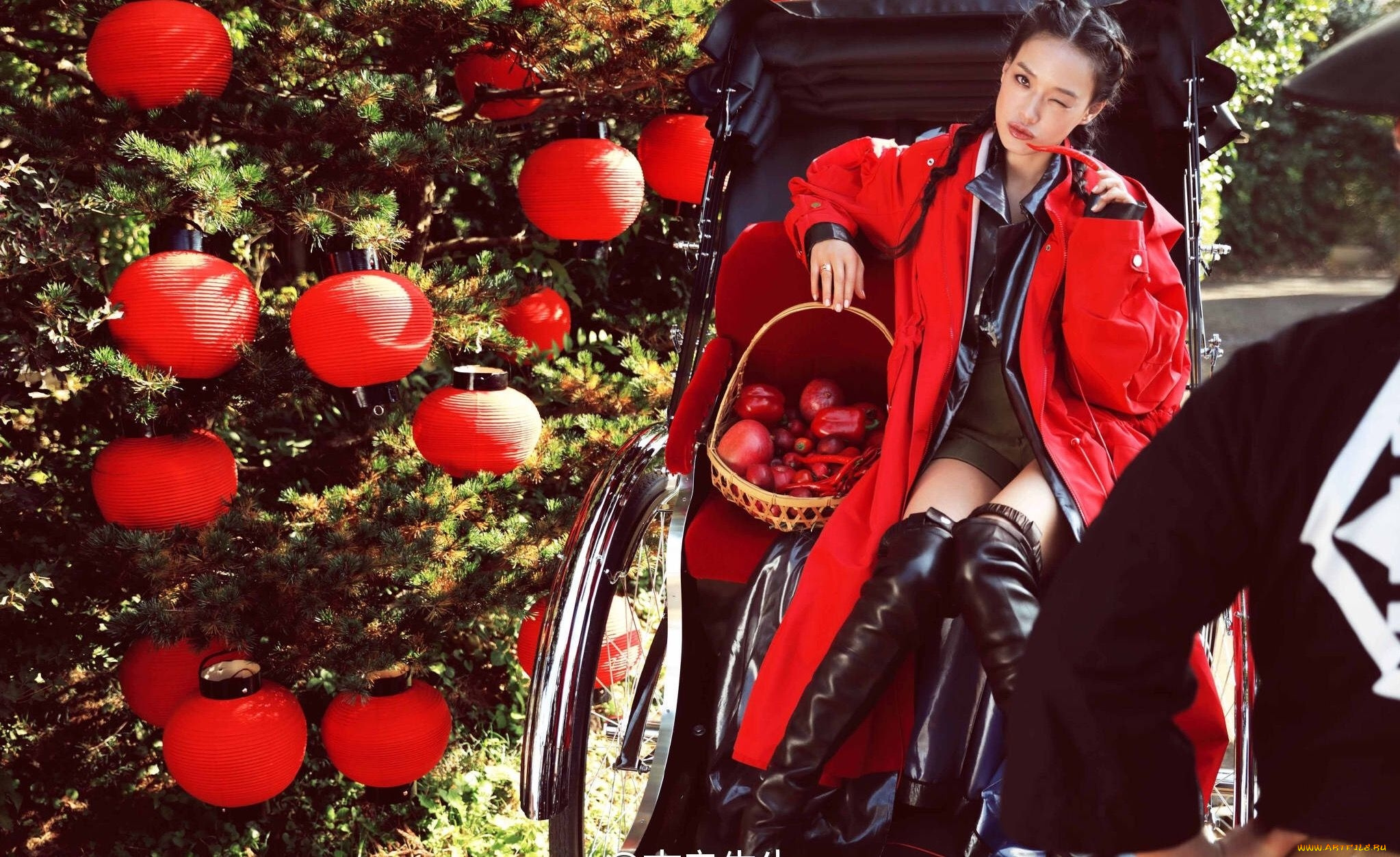 девушки, shu, qi, азиатка, фонарики, корзинка, овощи