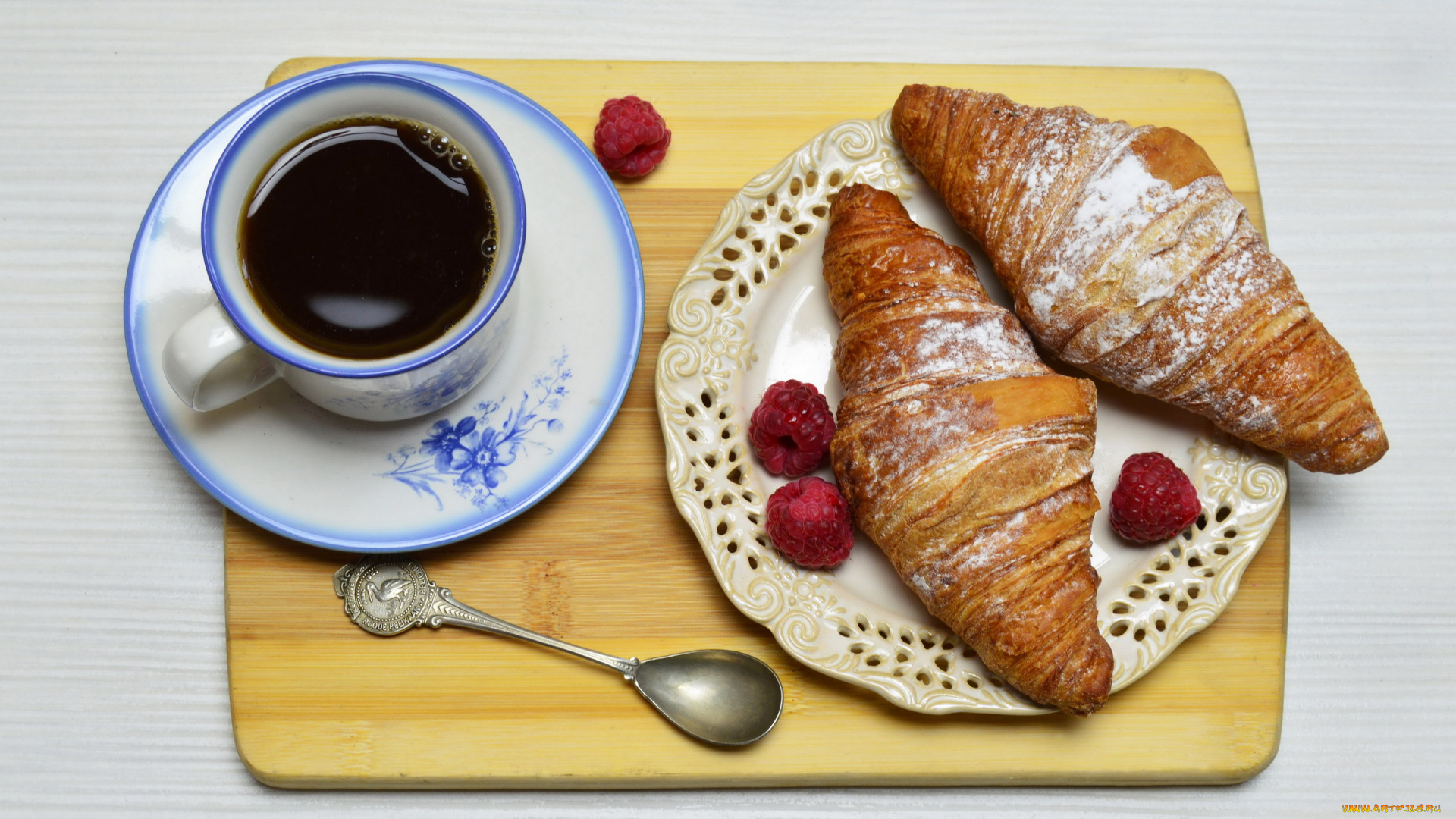 еда, кофе, , кофейные, зёрна, круассаны, малина
