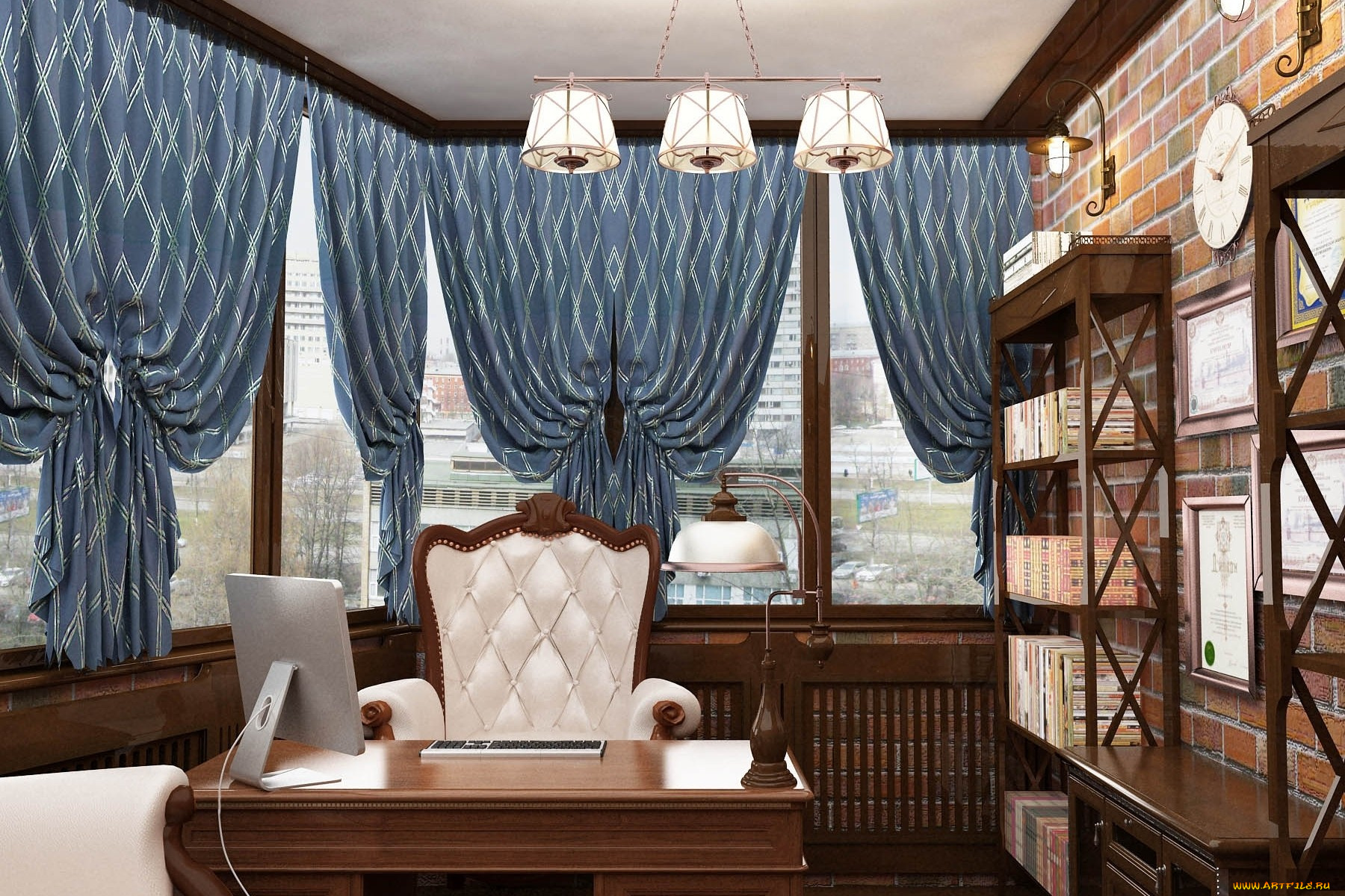 интерьер, кабинет, библиотека, офис, книги, компьютер, шторы, кресло, часы