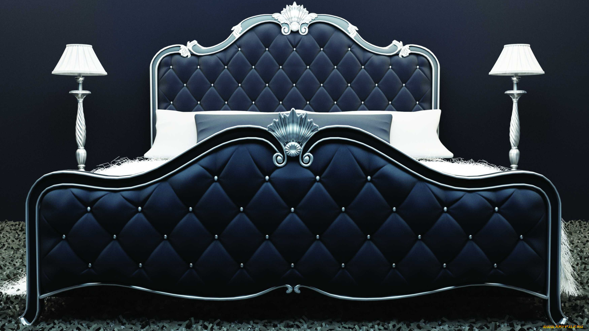 3д, графика, realism, реализм, стиль, кровать, подушки, обивка, лампы