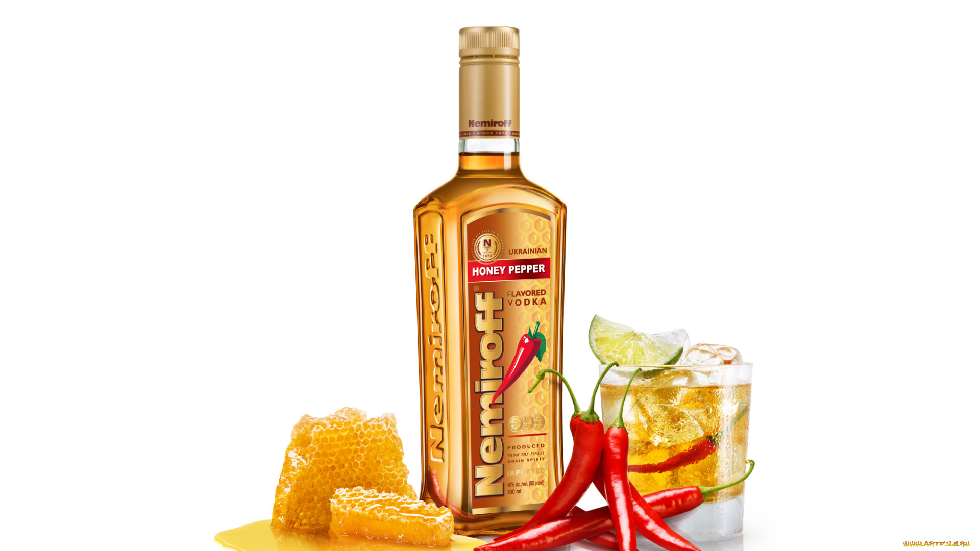 бренды, nemiroff, мед, водка, бутылка, перец, лайм, стакан