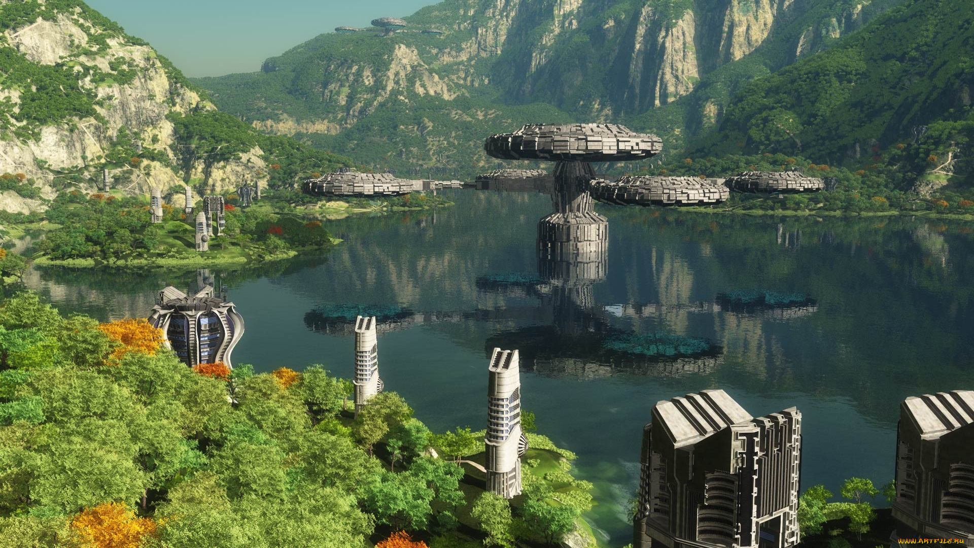 3д, графика, fantasy, фантазия, дома, озеро, горы