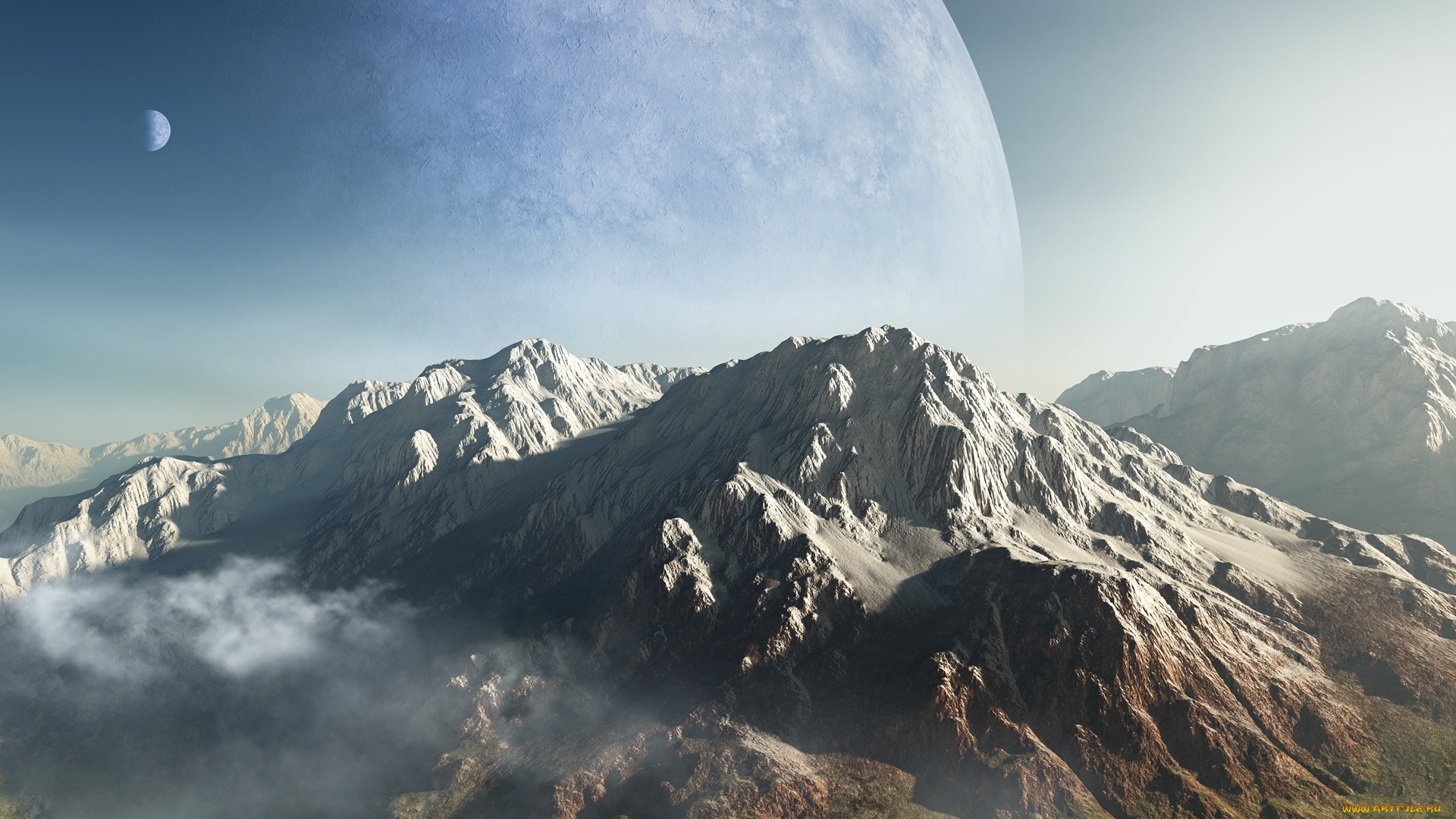 3д, графика, nature, landscape, природа, планета, рассвет, горы