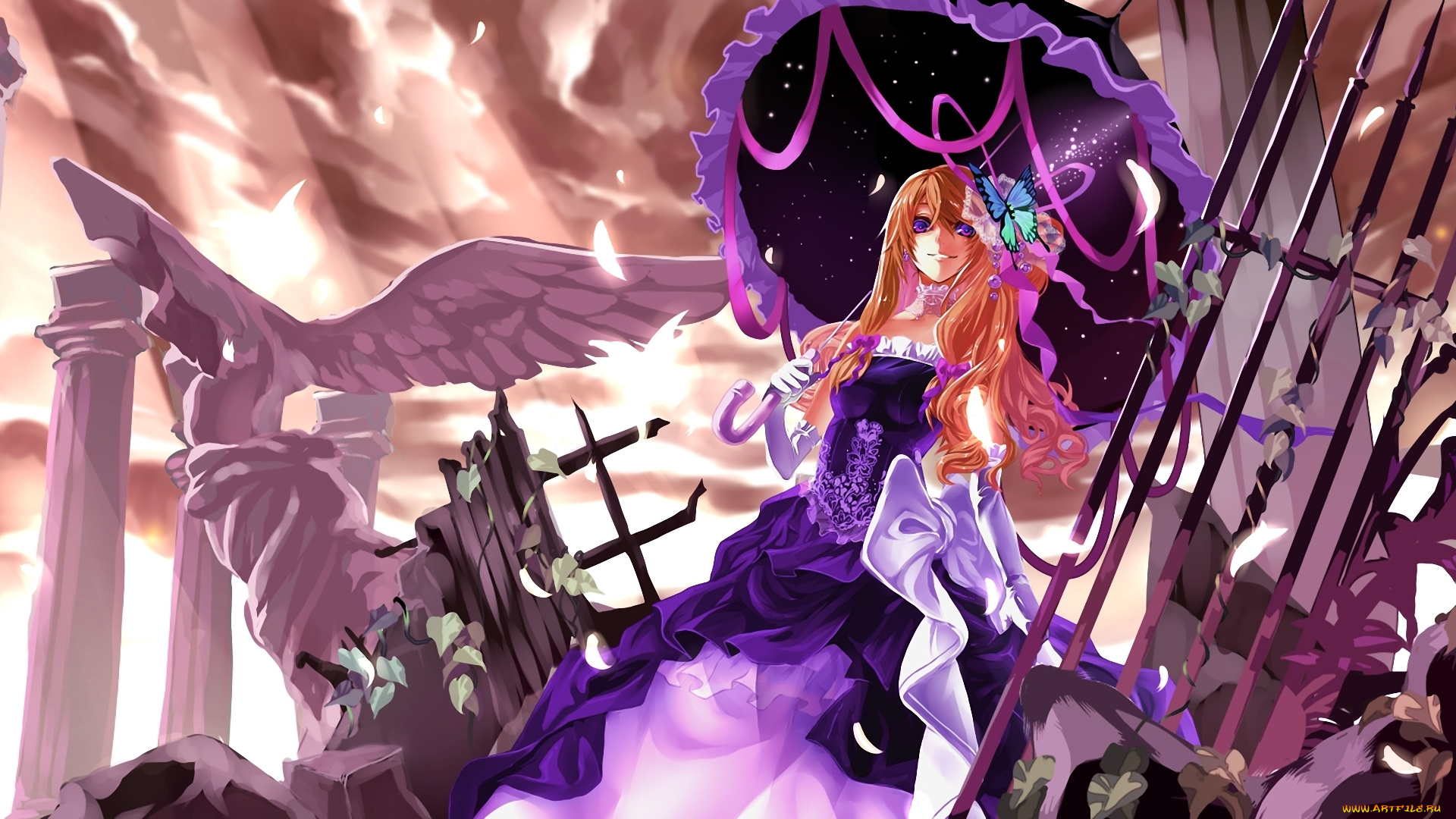 аниме, touhou, karlwolf, yakumo, yukari, платье, зонт, бабочка, колонны, руины, статуя