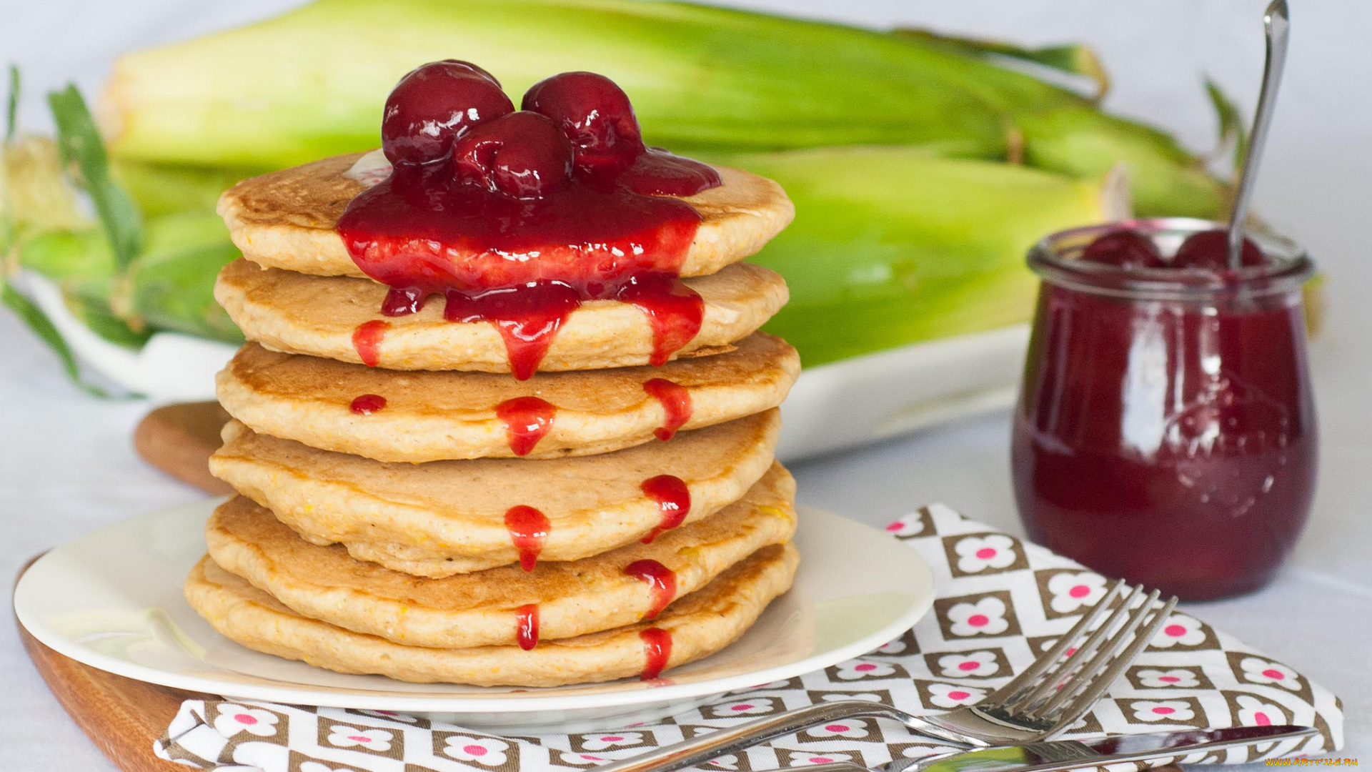 еда, блины, оладьи, вишневое, варенье, блинчики