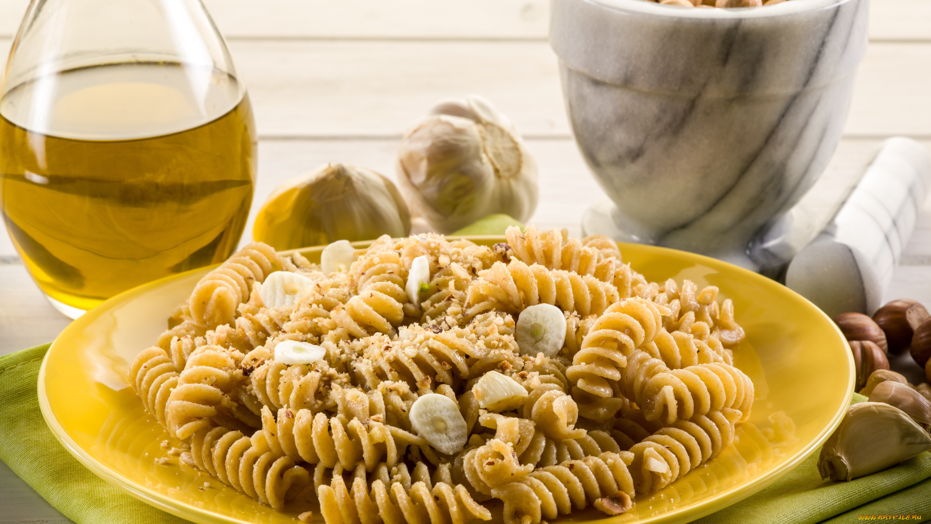еда, макаронные, блюда, макароны, тарелка, салфетка, чеснок, орешки