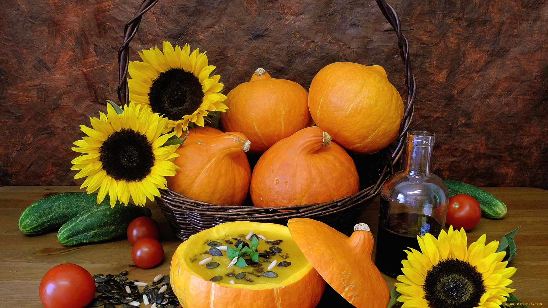 еда, натюрморт, подсолнухи, тыква, огурцы, помидоры